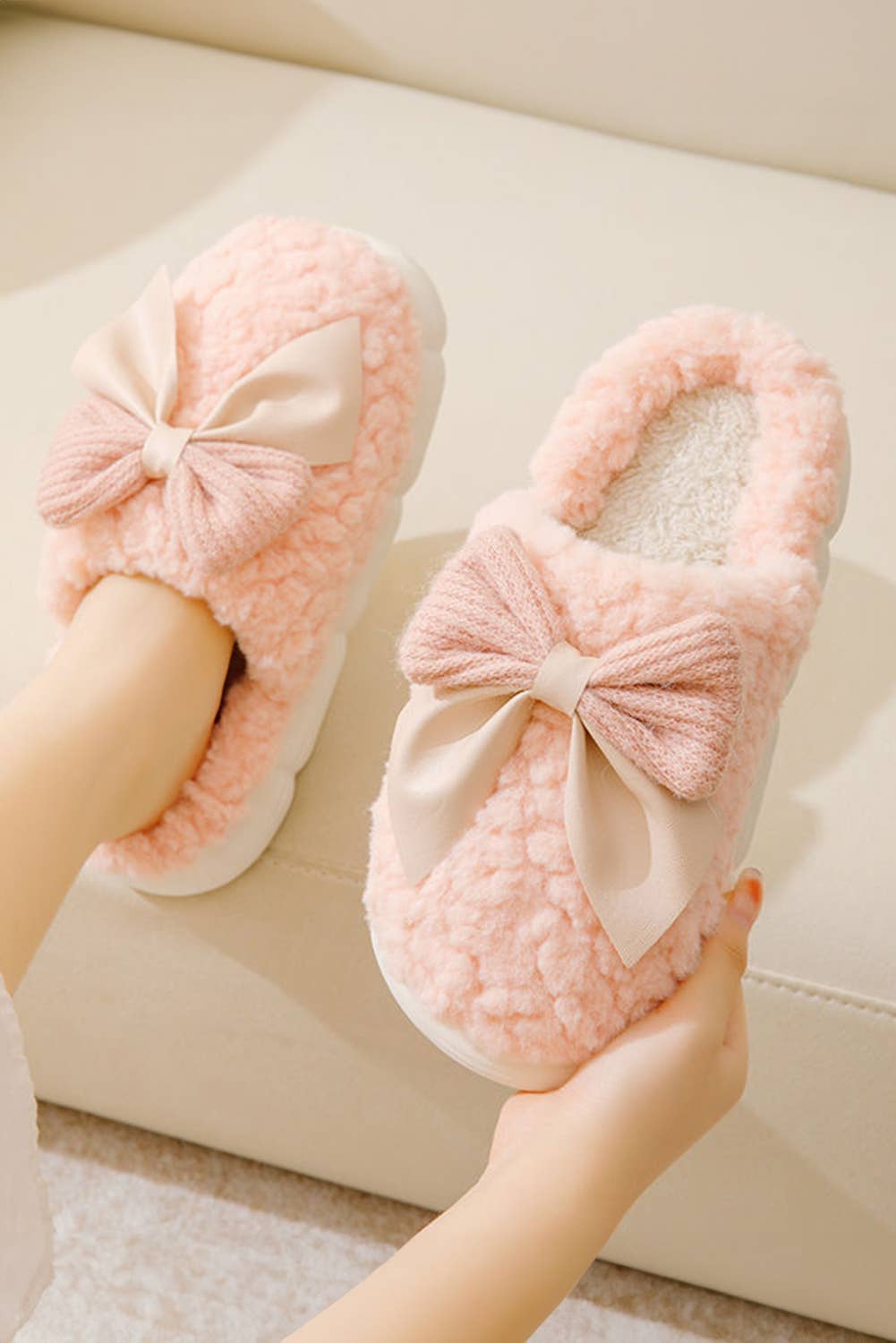 Pink Fuzzy Bowknot Slippers
