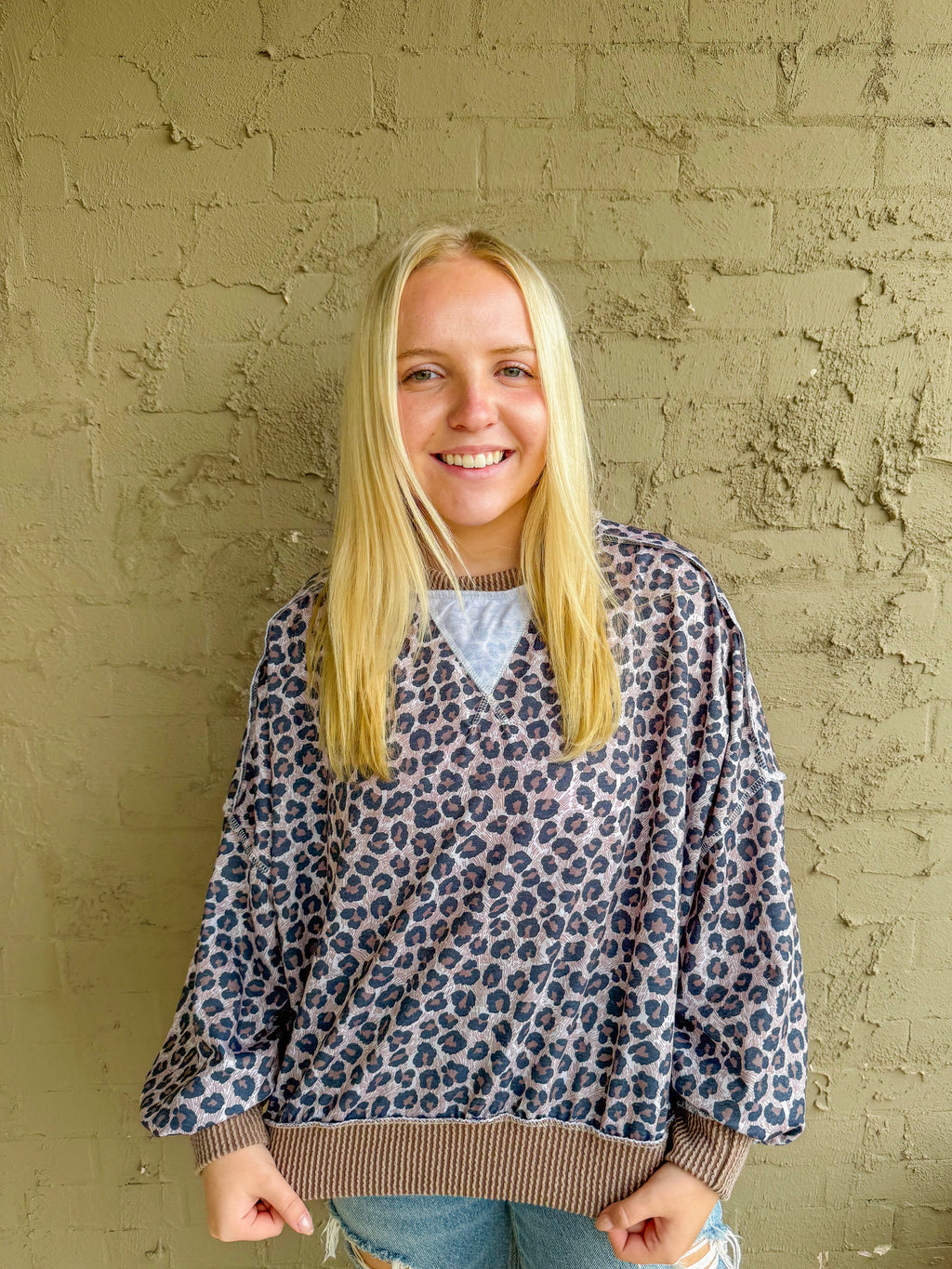 Leopard Reverse Stitch Pullover Top- Taupe