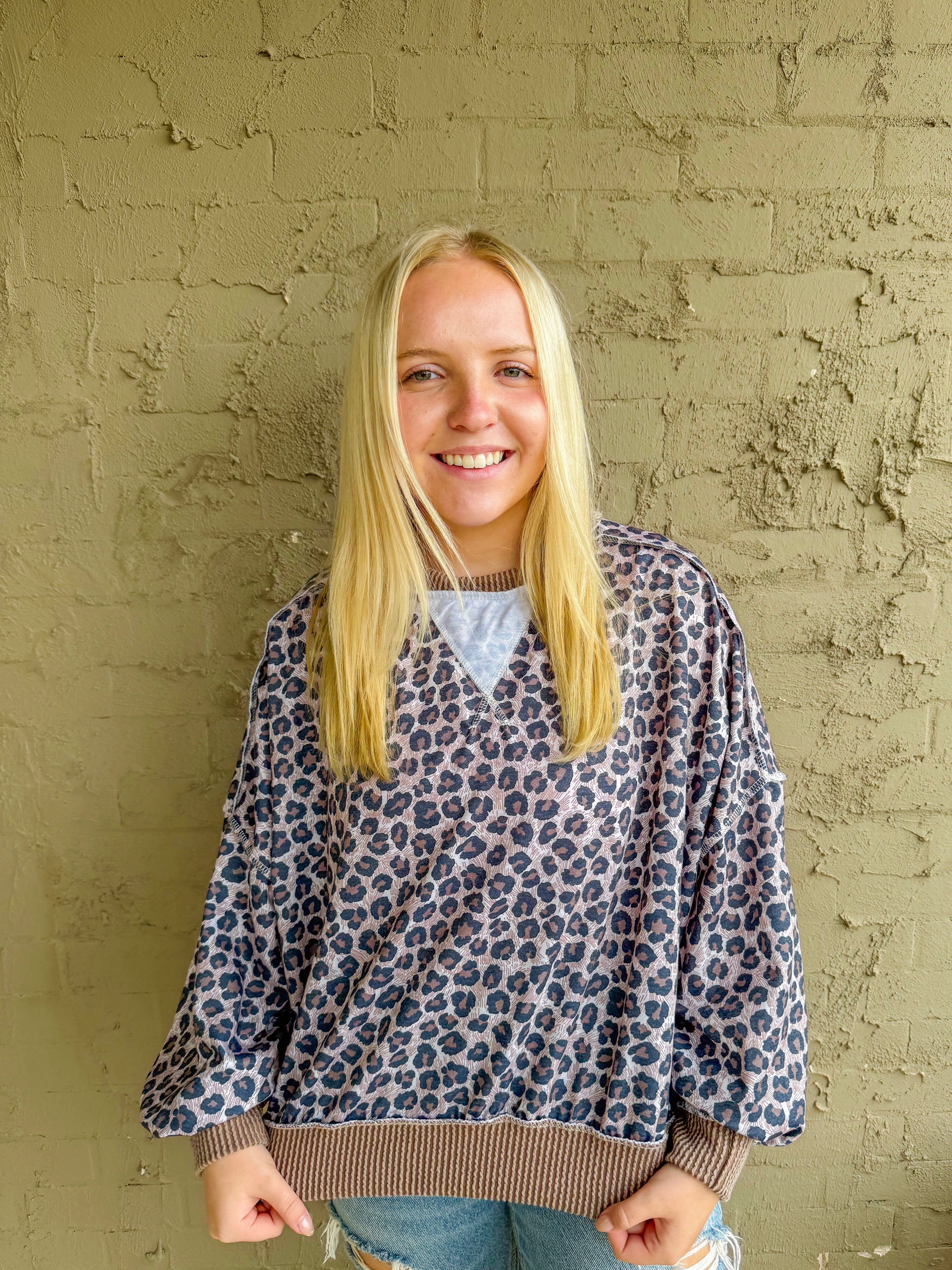 Leopard Reverse Stitch Pullover Top- Taupe