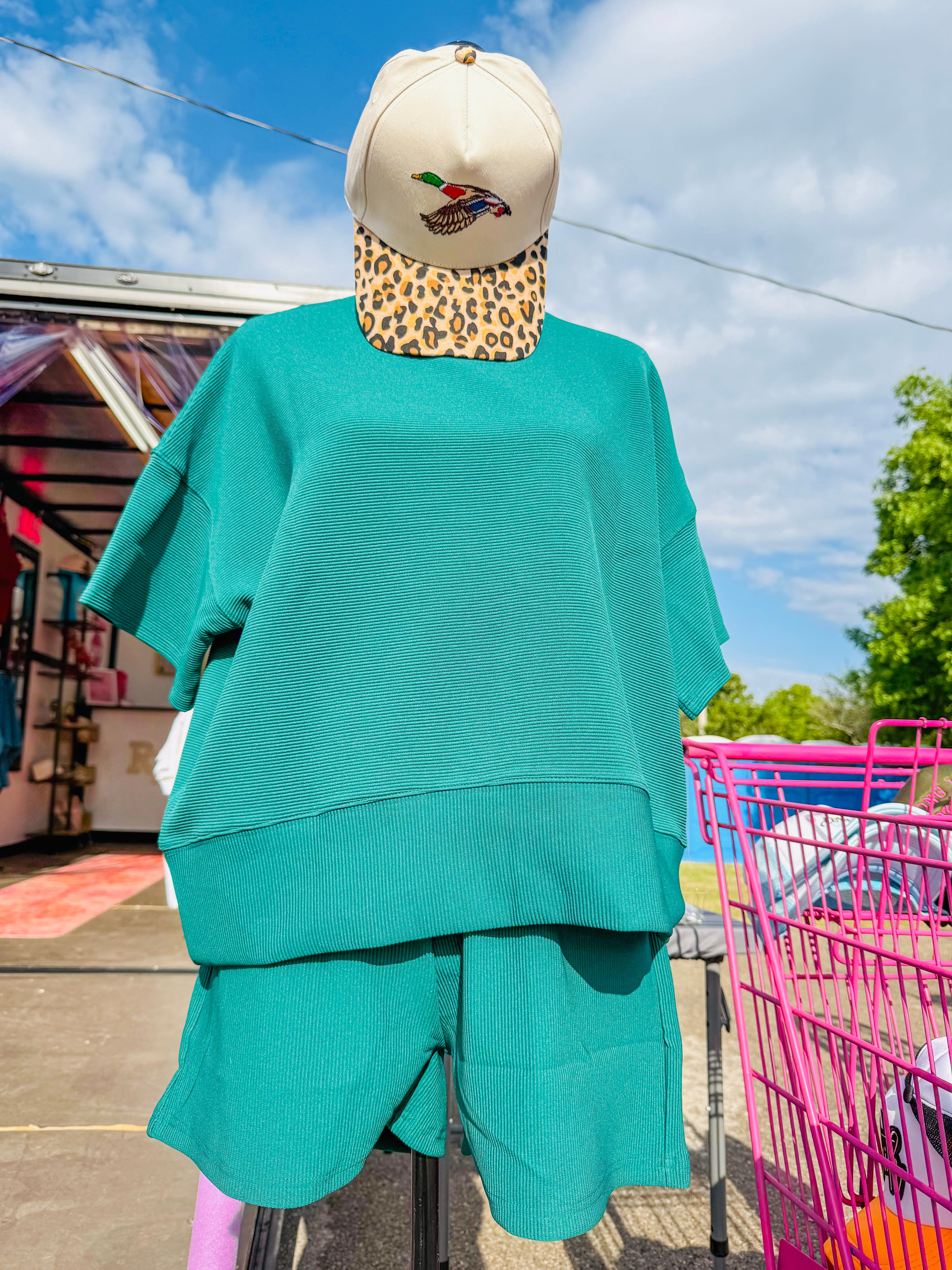 Ribbed Banded Tee & Short Set- Hunter Green