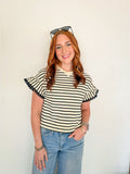 Scallop Lace Striped Ruffle Short Sleeve Top