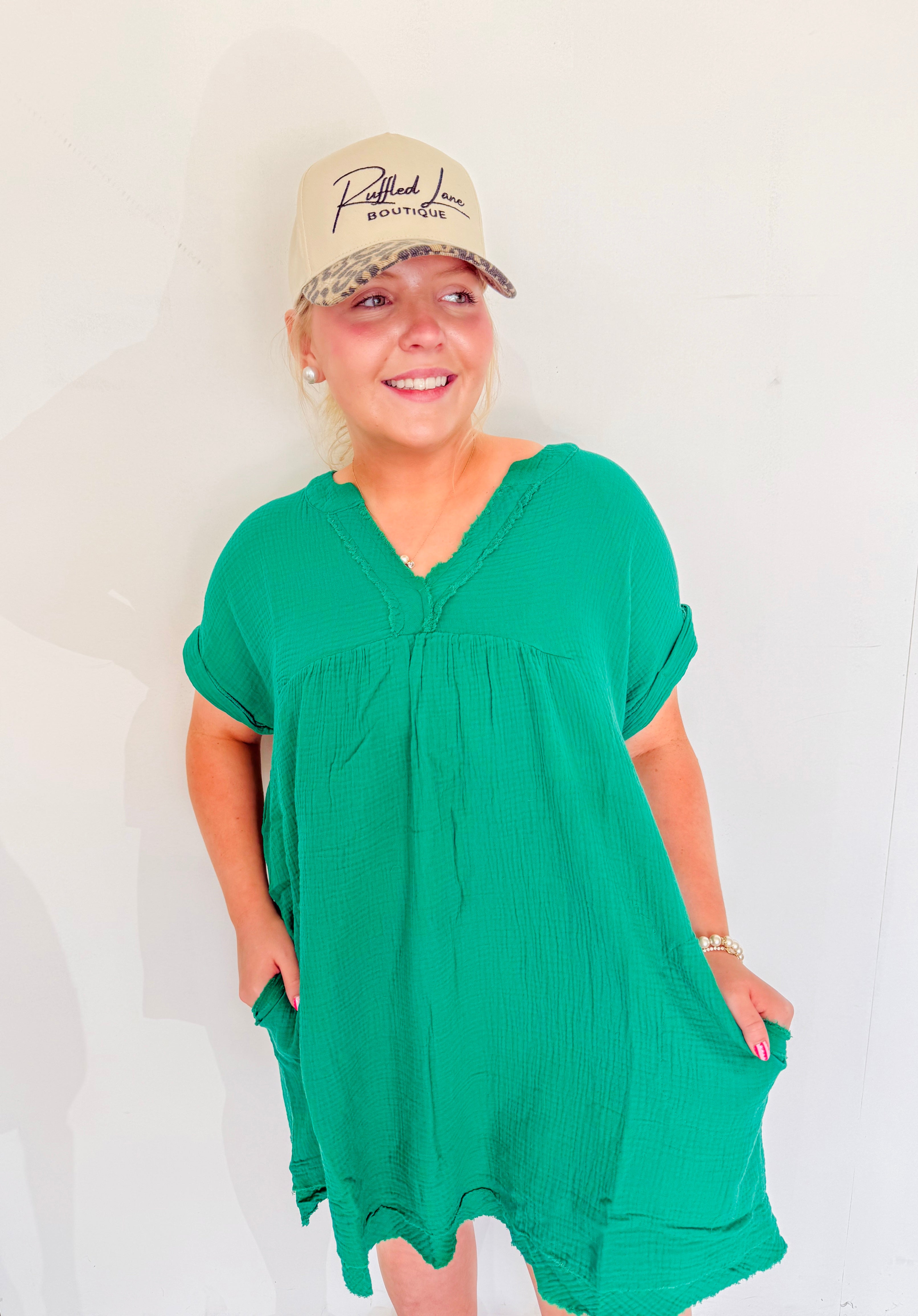 Raw Edge Gauze V-Neck Dress- Kelly Green