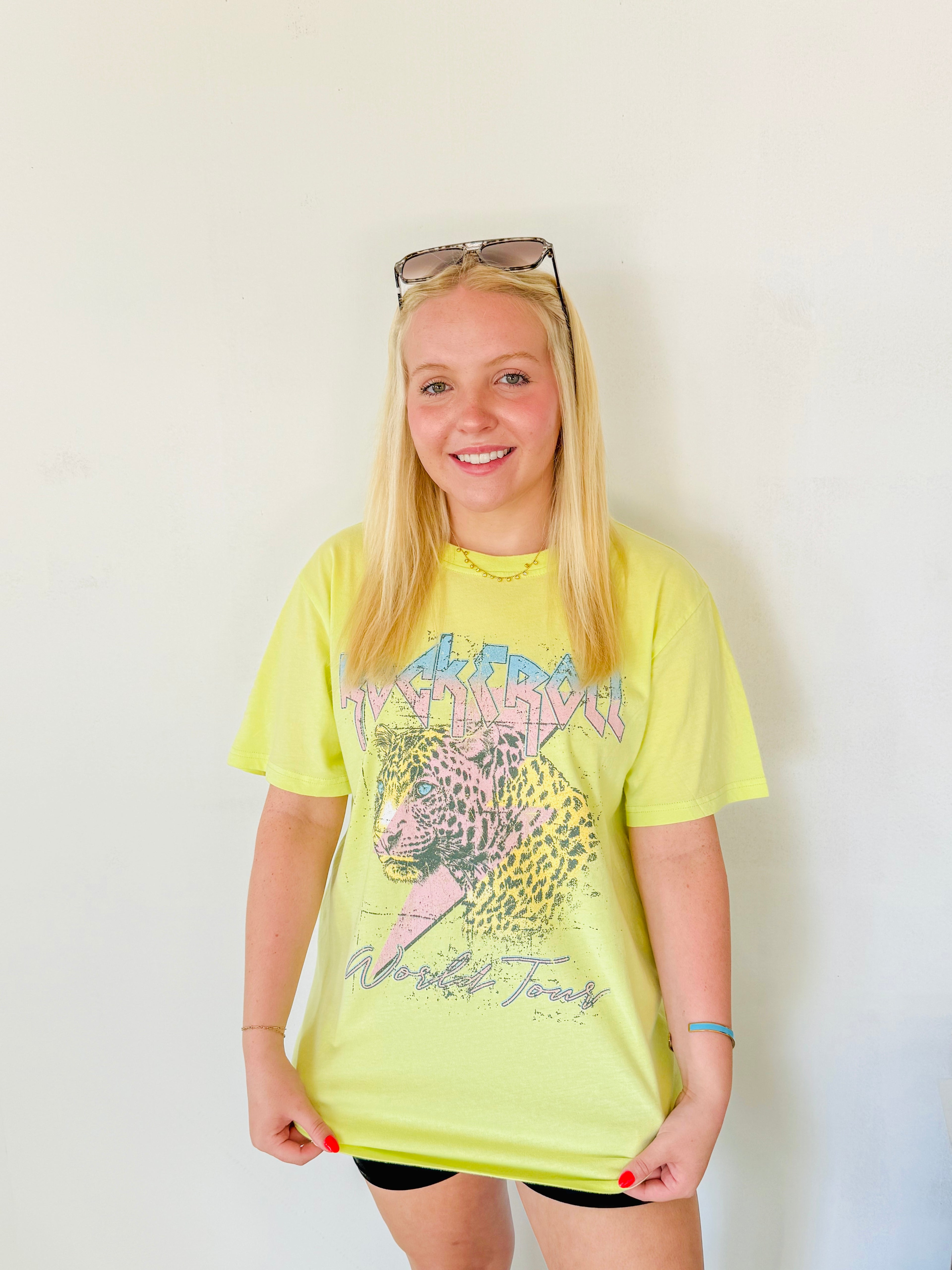 Rock N Roll Leopard Bolt Graphic Tee- Lime
