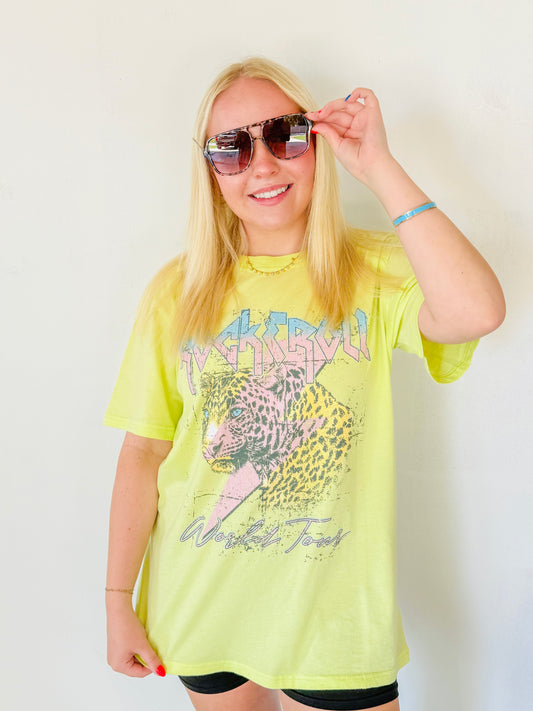 Rock N Roll Leopard Bolt Graphic Top- Lime