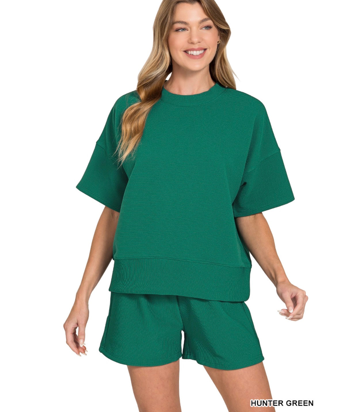 Ribbed Banded Tee & Short Set- Hunter Green
