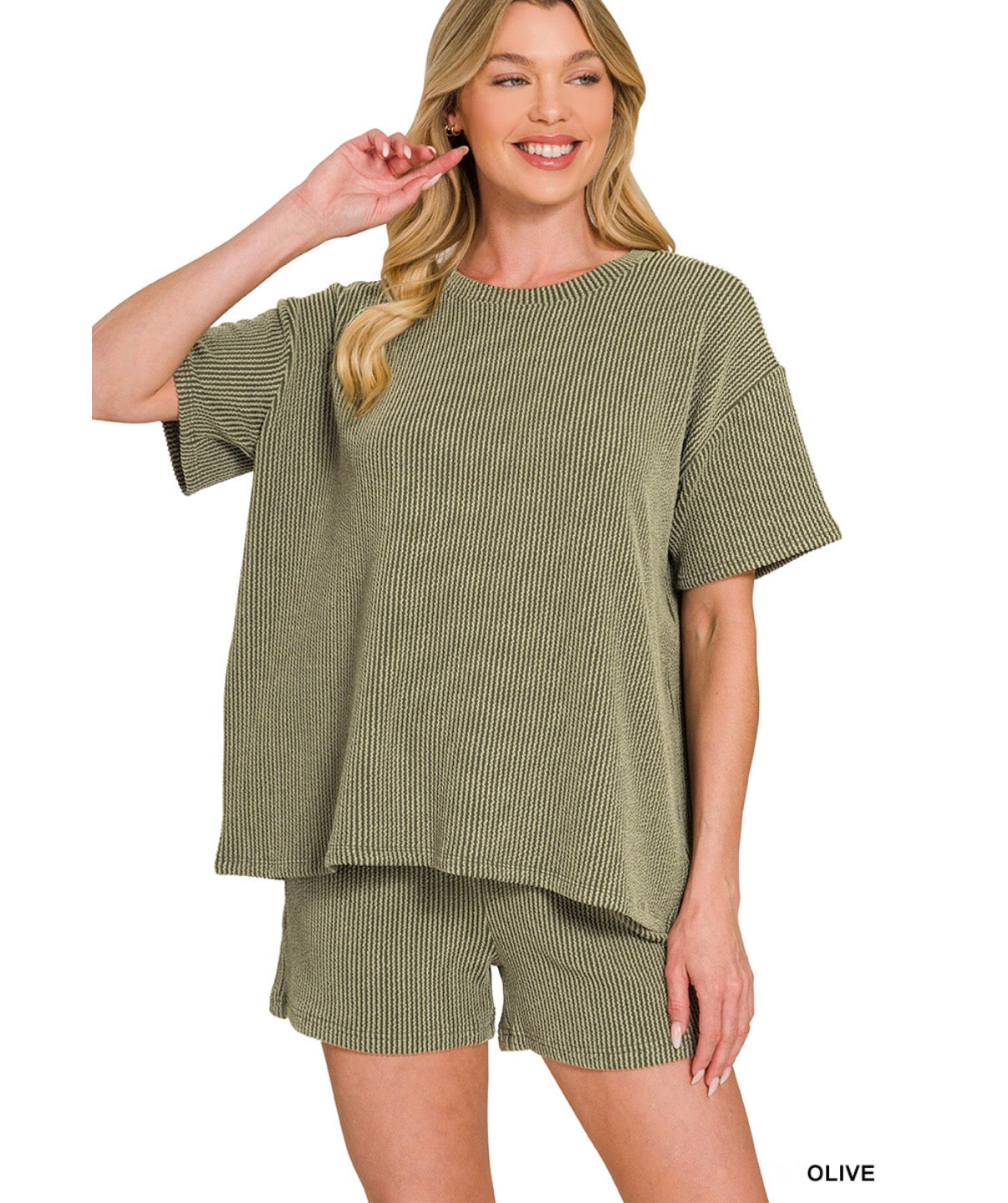 Ribbed Short Sleeve Tee and Short Sets- Olive Green