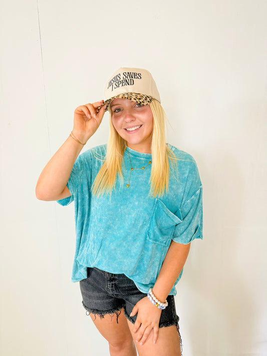 Washed Ribbed Short Sleeve Top- Turquoise