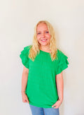 Textured Ruffled Sleeve Round Neck Top: Kelly Green