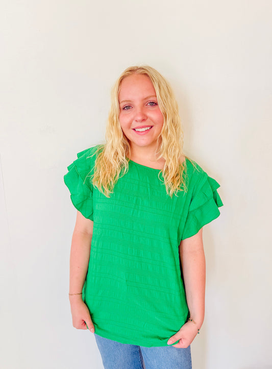 Textured Ruffled Sleeve Round Neck Top: Kelly Green
