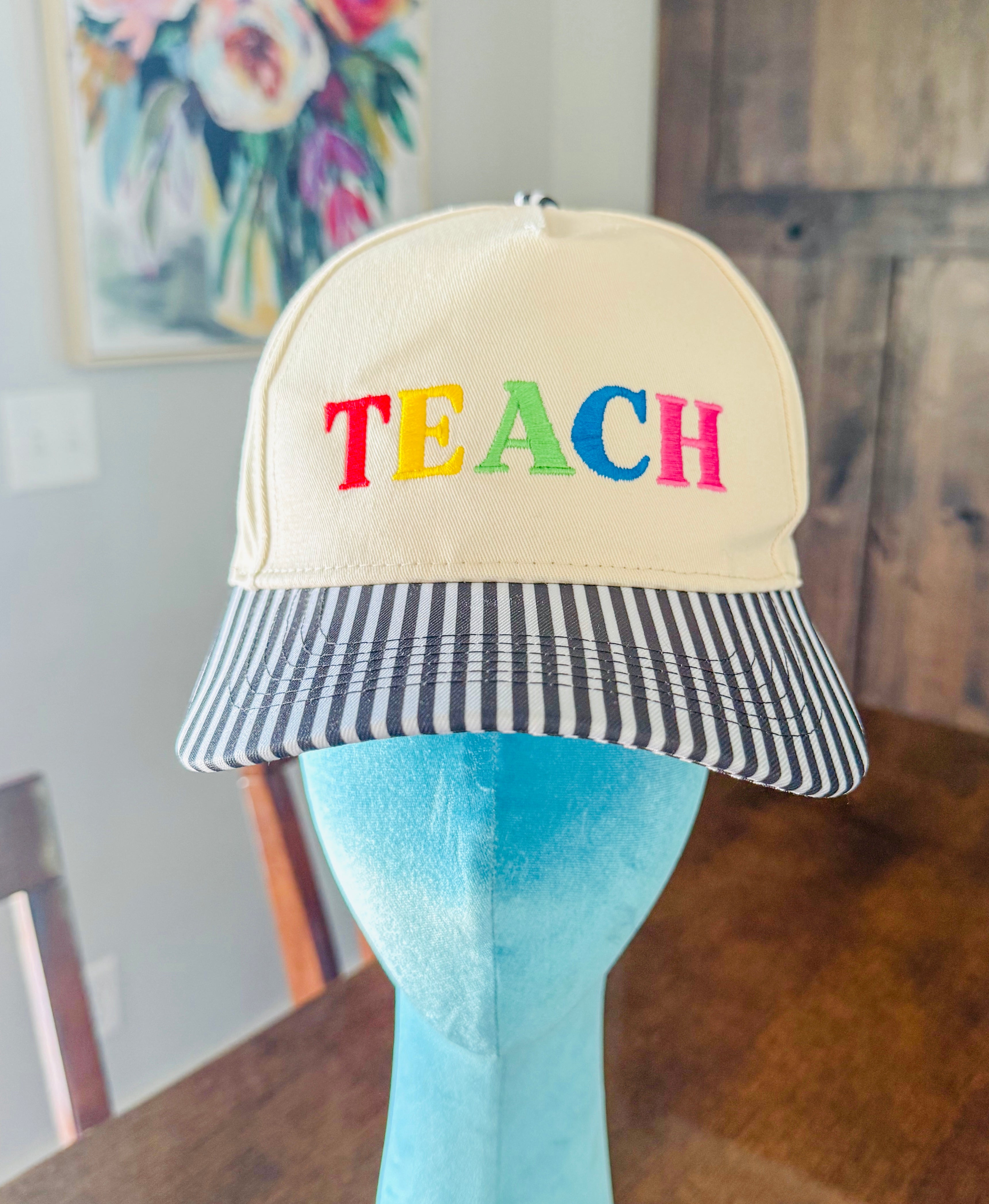 Striped TEACH Canvas Hat- Black