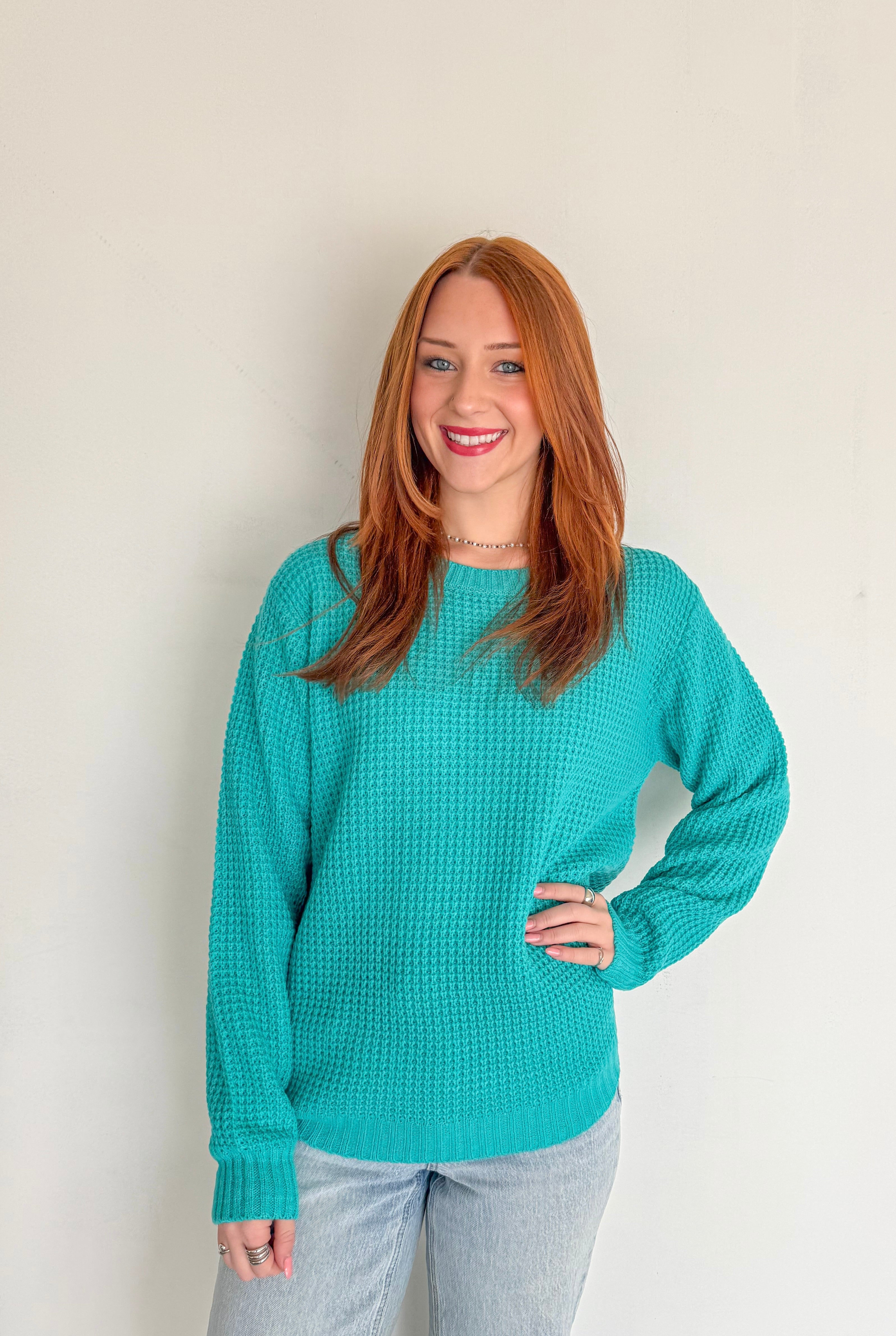 Oversized Round neck Waffle Sweater- Turquoise