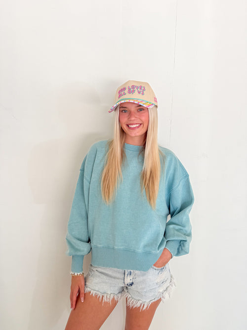 Acid Wash Fleece Oversized Pullover- Dusty Teal