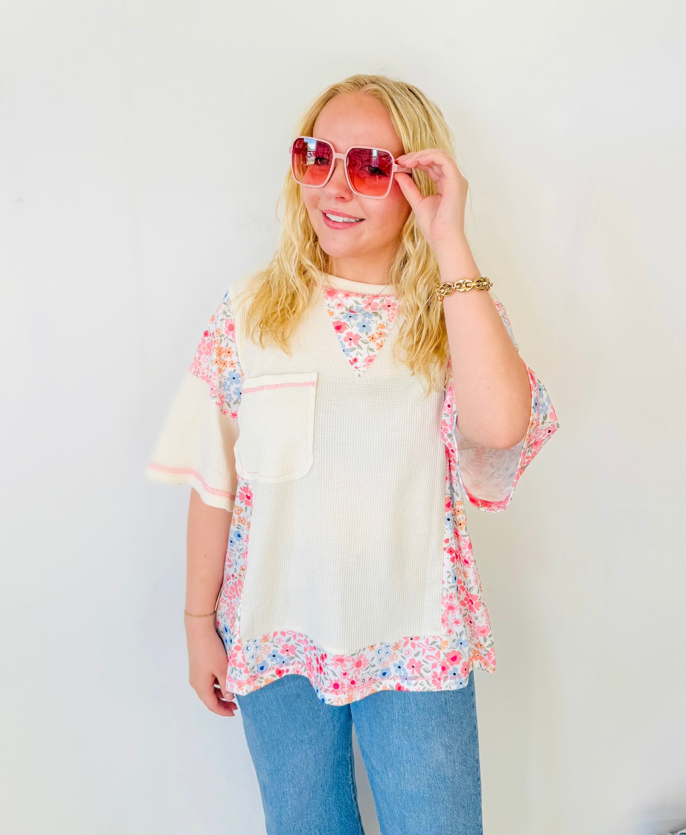 Beige Floral Patchwork Chest Pocket Wide Sleeve Waffle Top