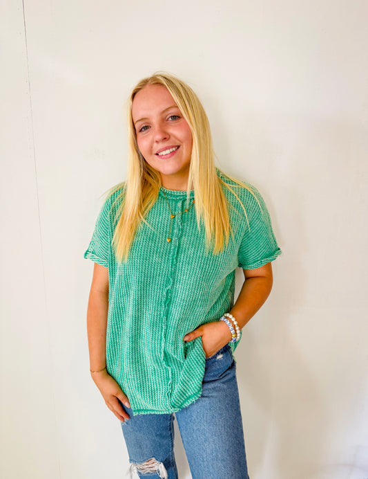 Waffle Short Sleeve Top- Kelly Green