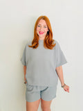 Ribbed Banded Tee & Short Set- Light Grey