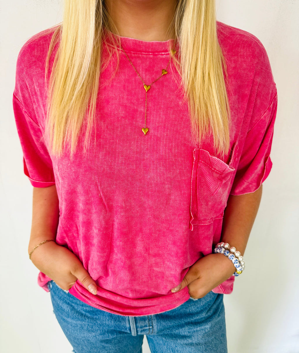 Washed Ribbed Short Sleeve Top- Hot Pink