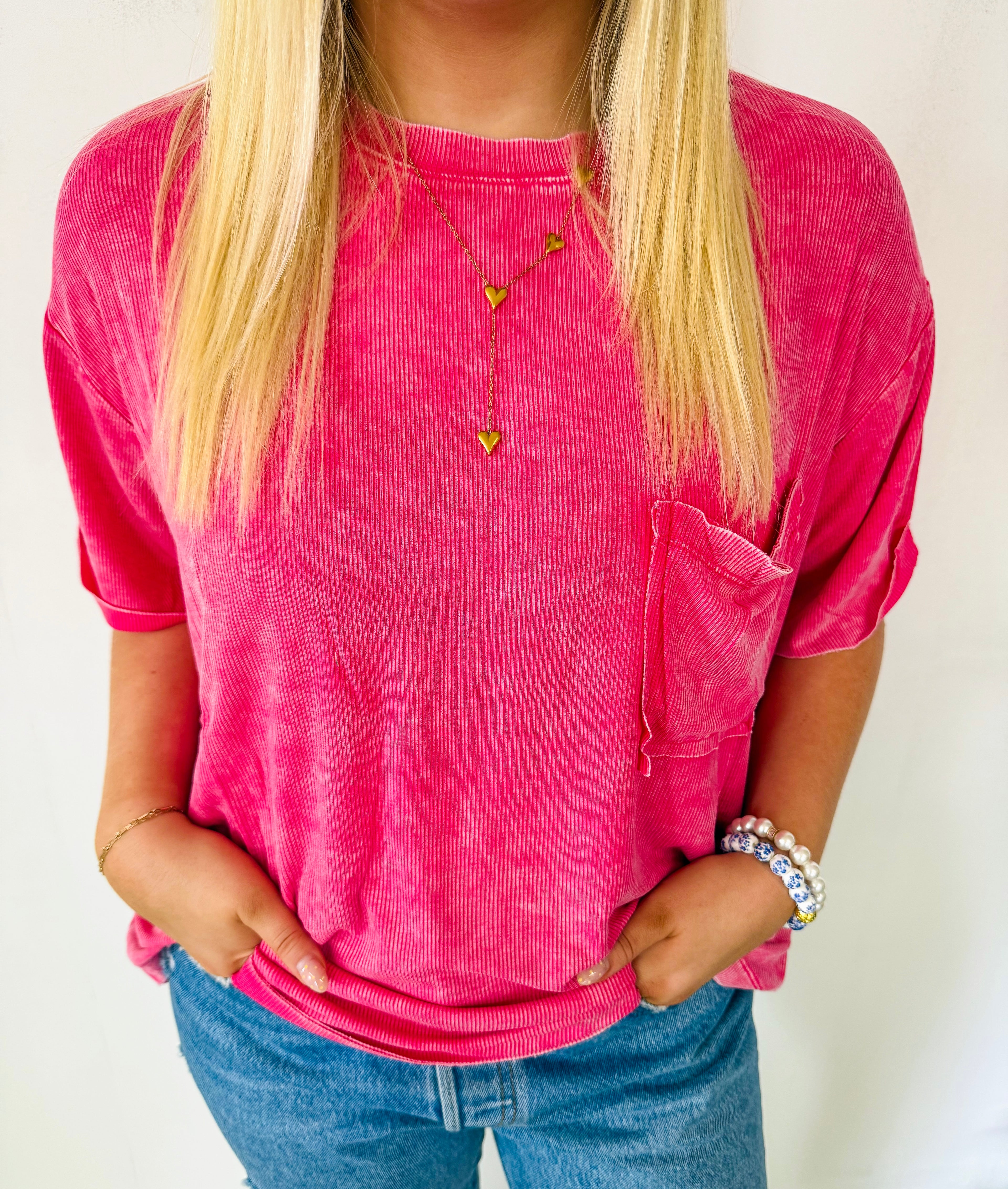 Washed Ribbed Short Sleeve Top- Hot Pink