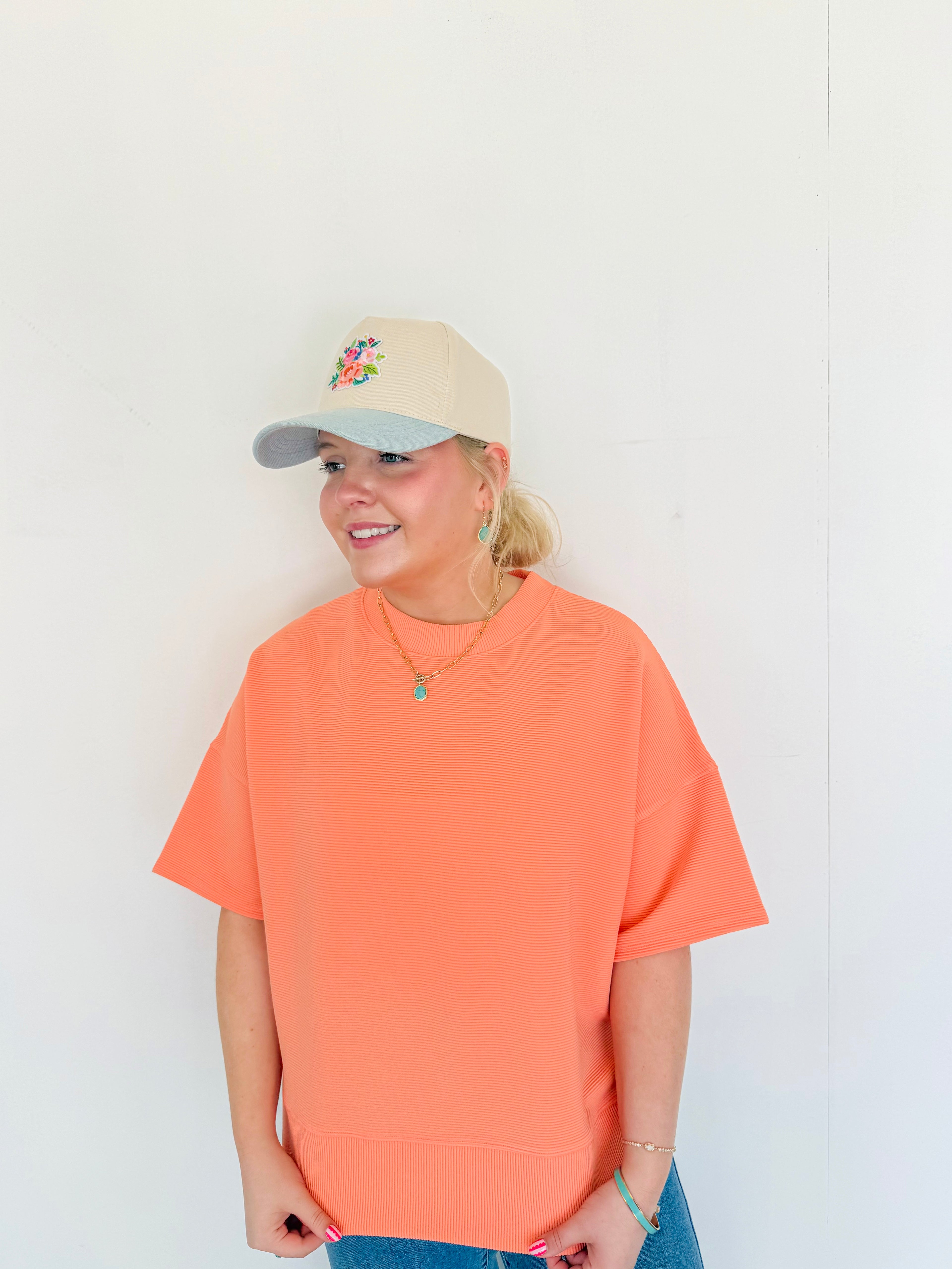 Ribbed Round Neck Top- Coral