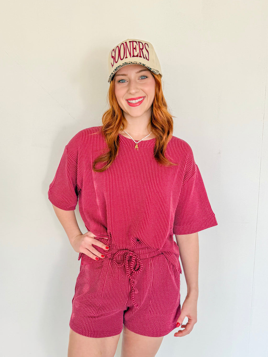 Ribbed Short Sleeve Tee and Short Sets- Crimson