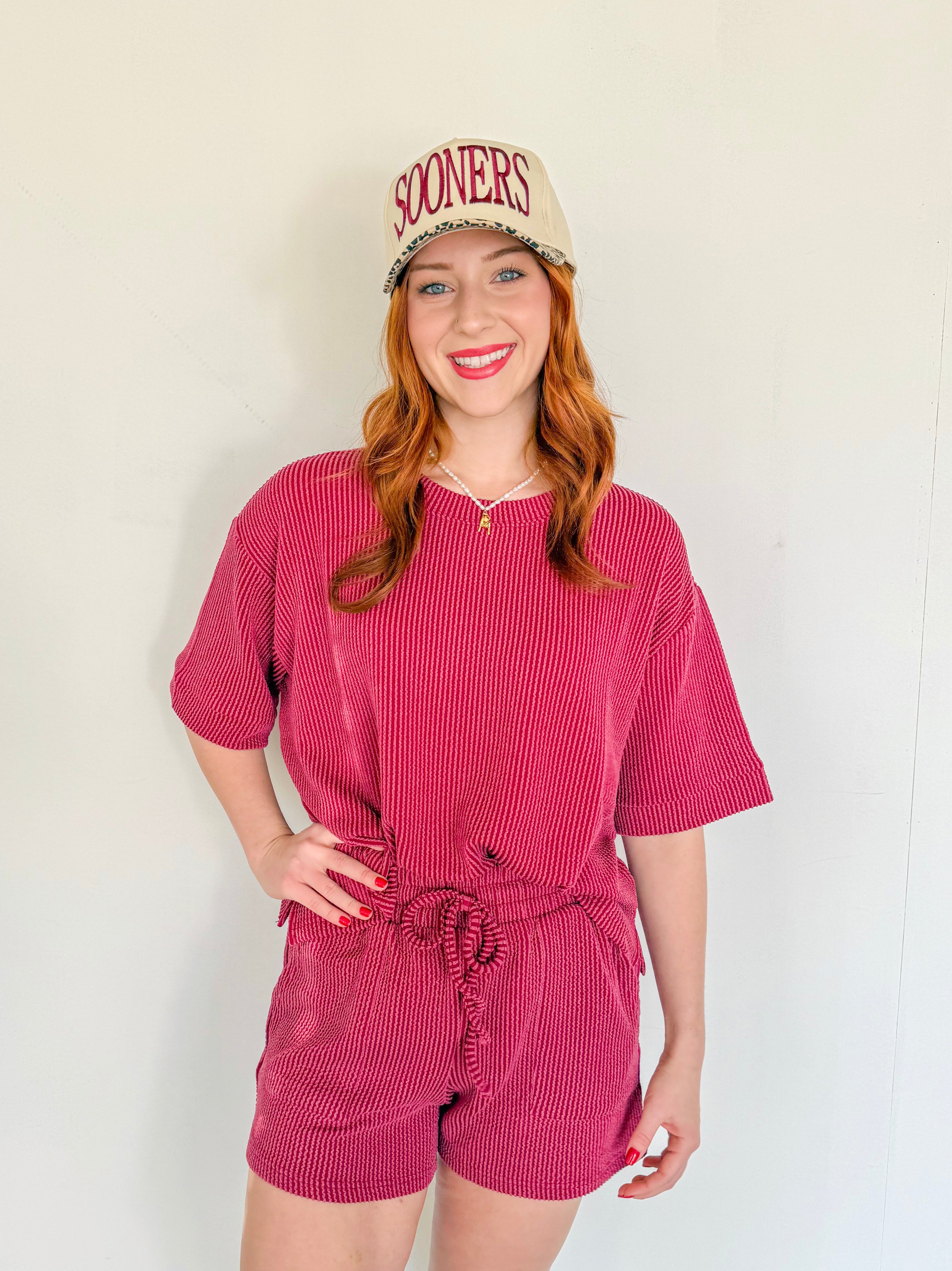 Ribbed Short Sleeve Tee and Short Sets- Crimson