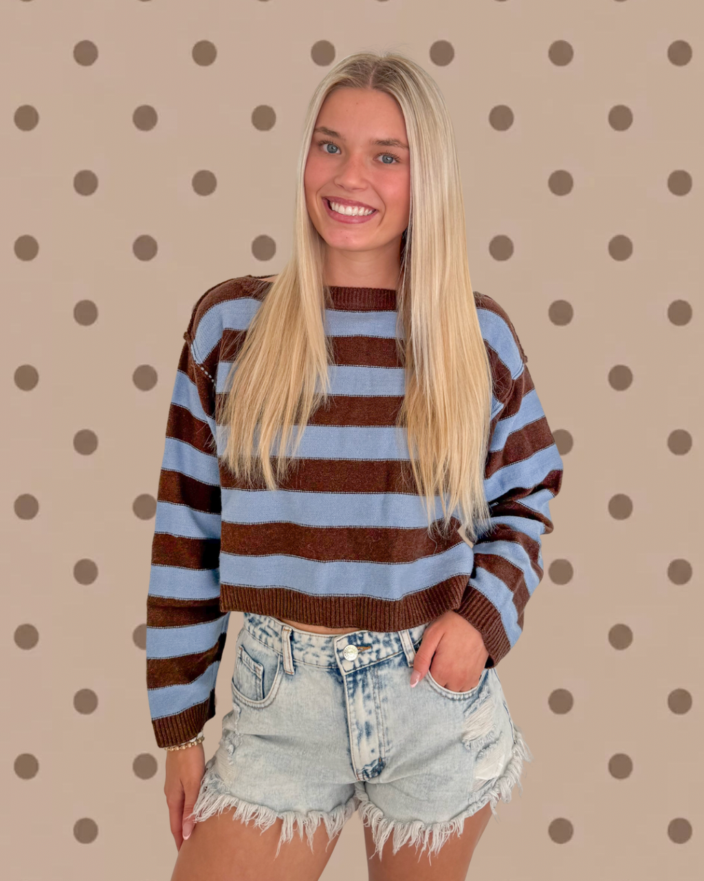 Stripe Exposed Seam Cropped Sweater- Blue & Brown