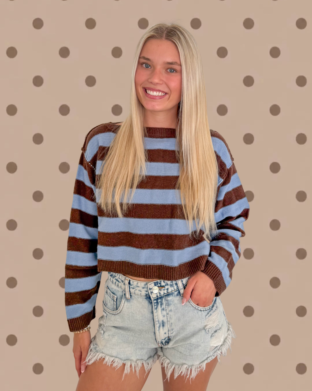 Stripe Exposed Seam Cropped Sweater- Blue & Brown
