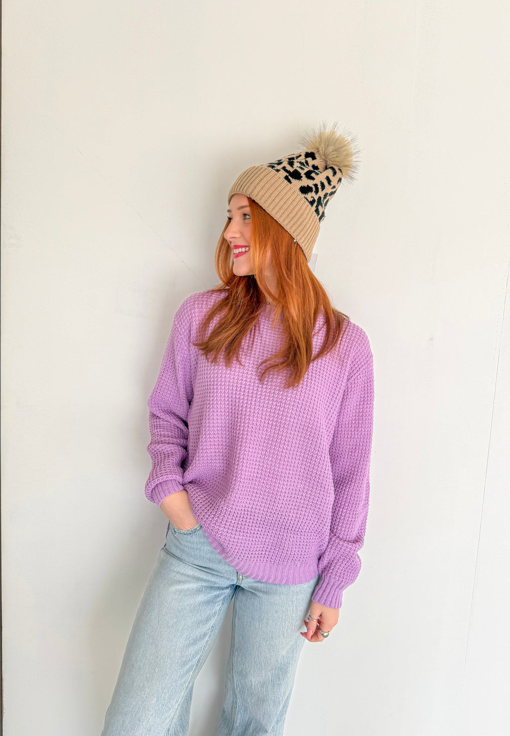 Oversized Round neck Waffle Sweater- Lavender