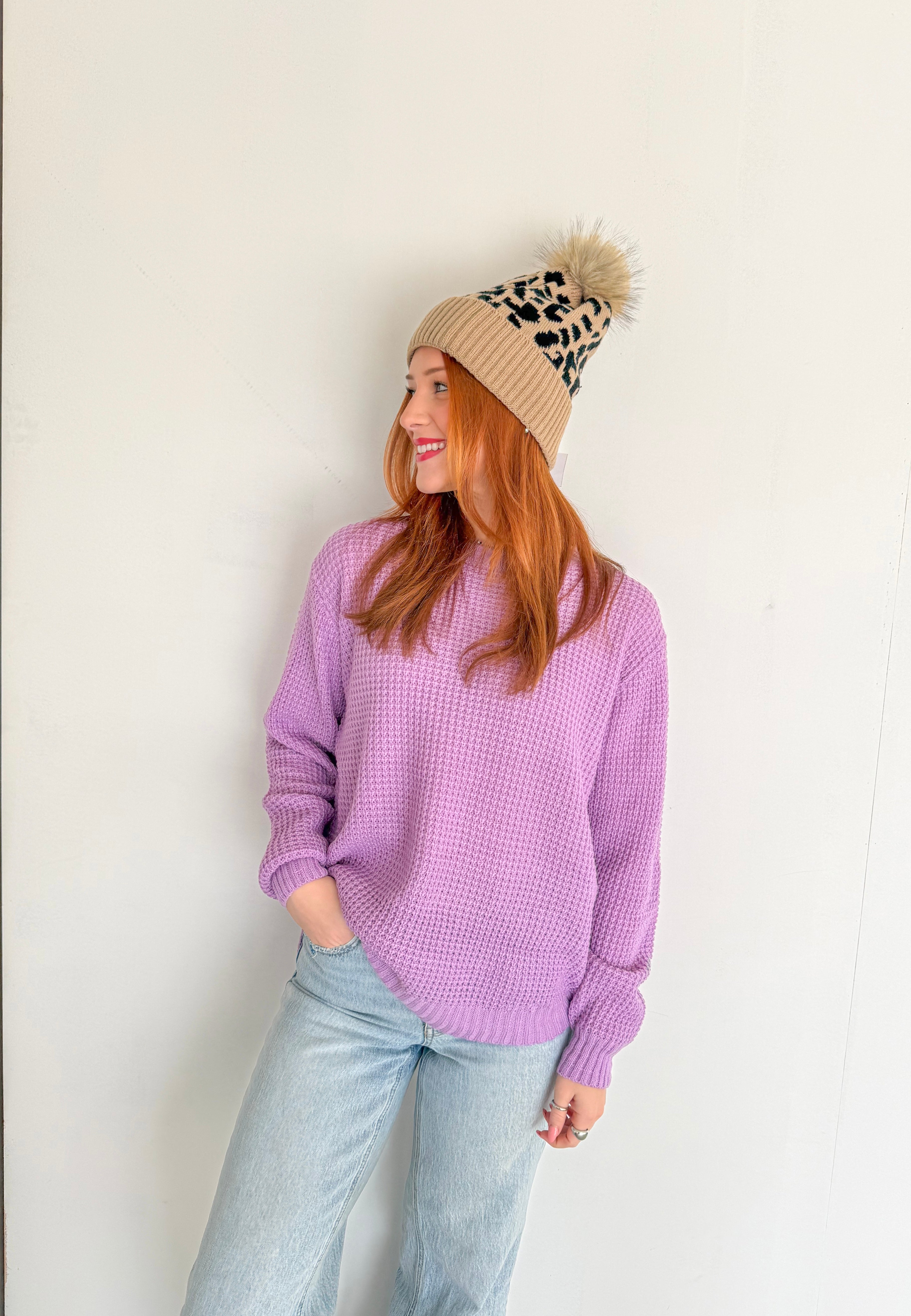 Oversized Round neck Waffle Sweater- Lavender
