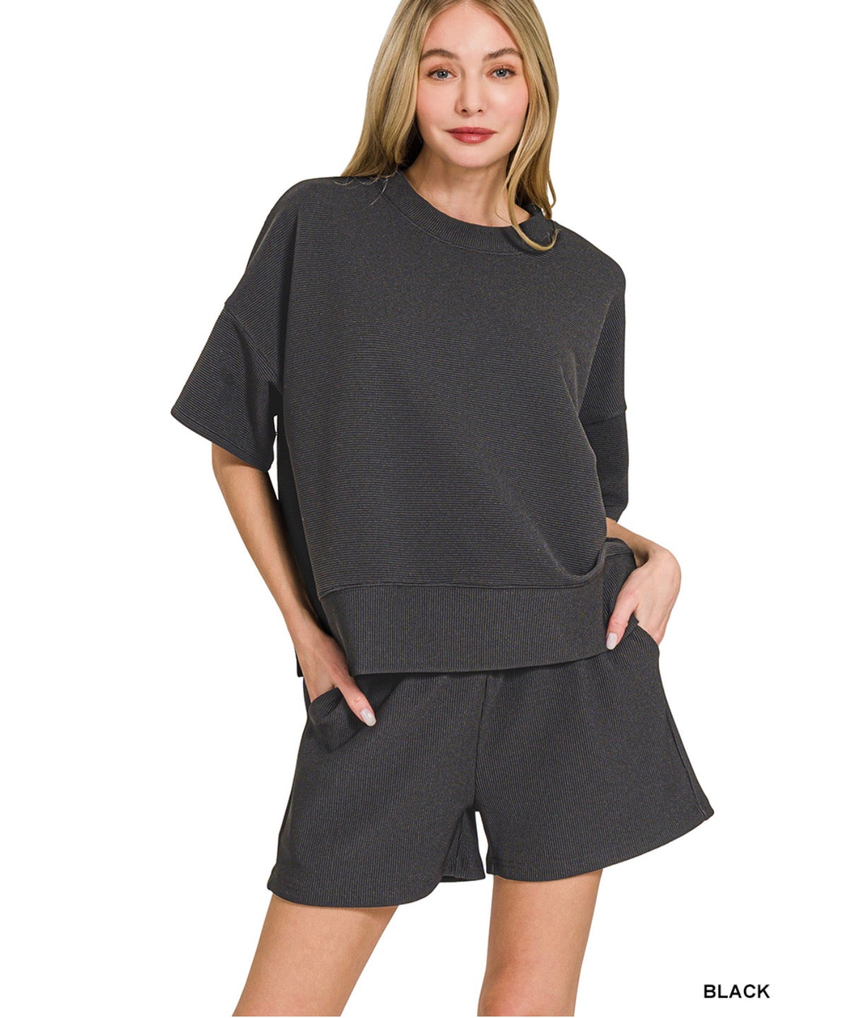 Ribbed Banded Tee & Short Set- Black