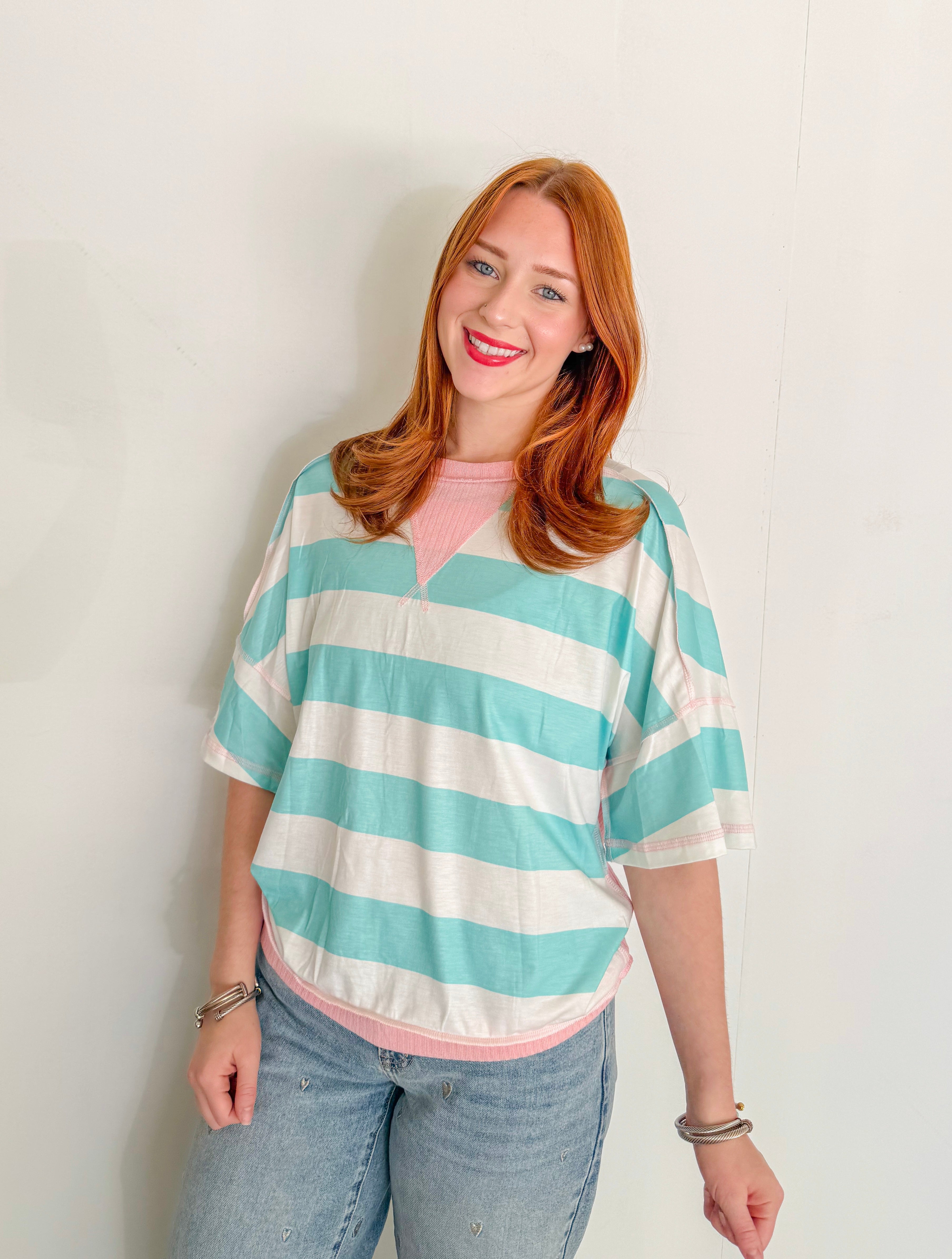 Stripe Exposed Seam Ribbed Patchwork Tee- Turquoise & Pink