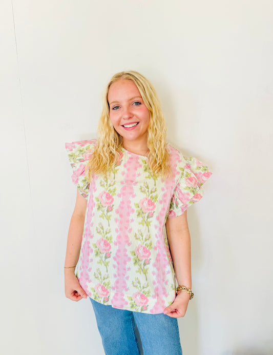 Pink Floral Print Striped Ruffled Sleeve Top