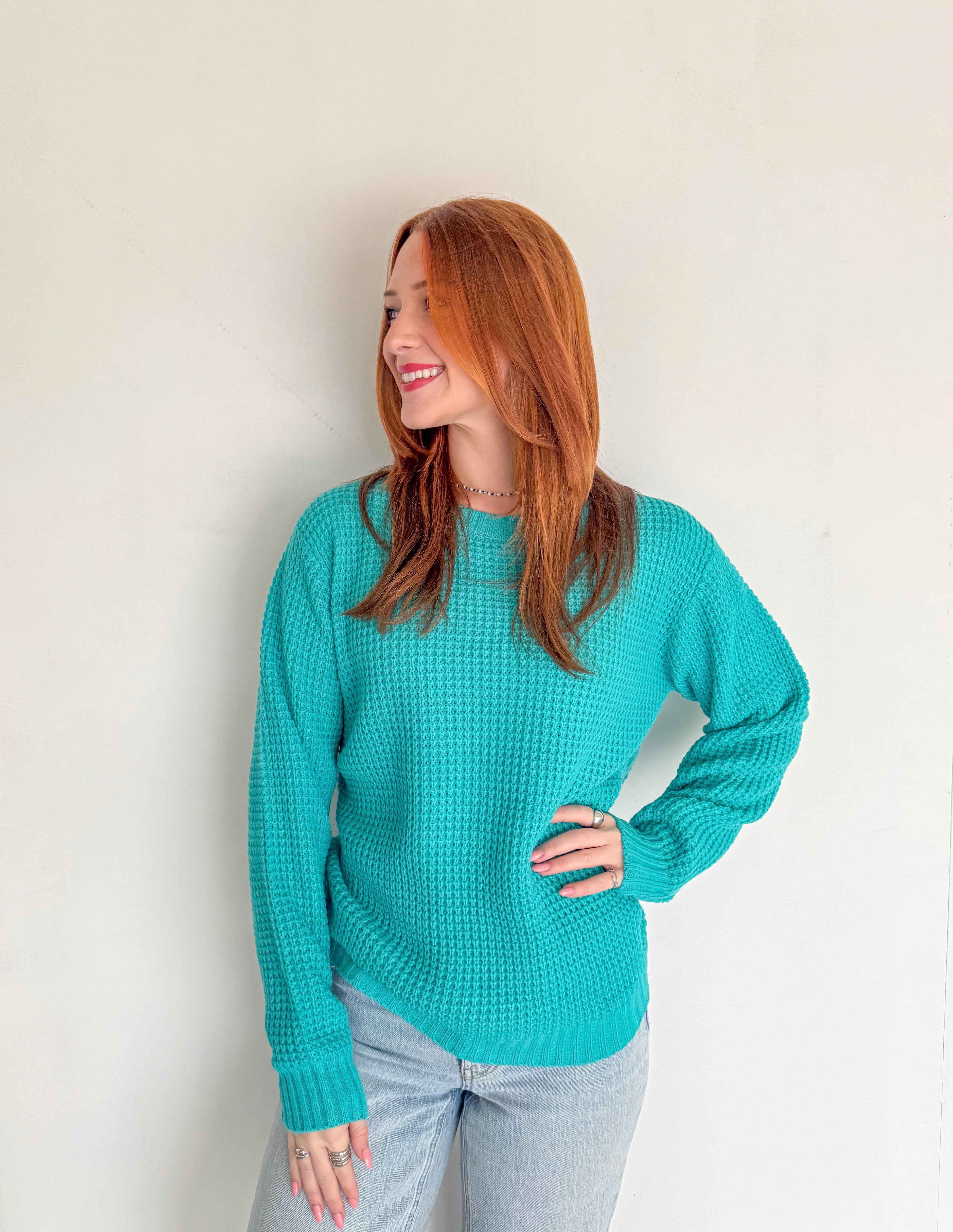 Oversized Round neck Waffle Sweater- Turquoise