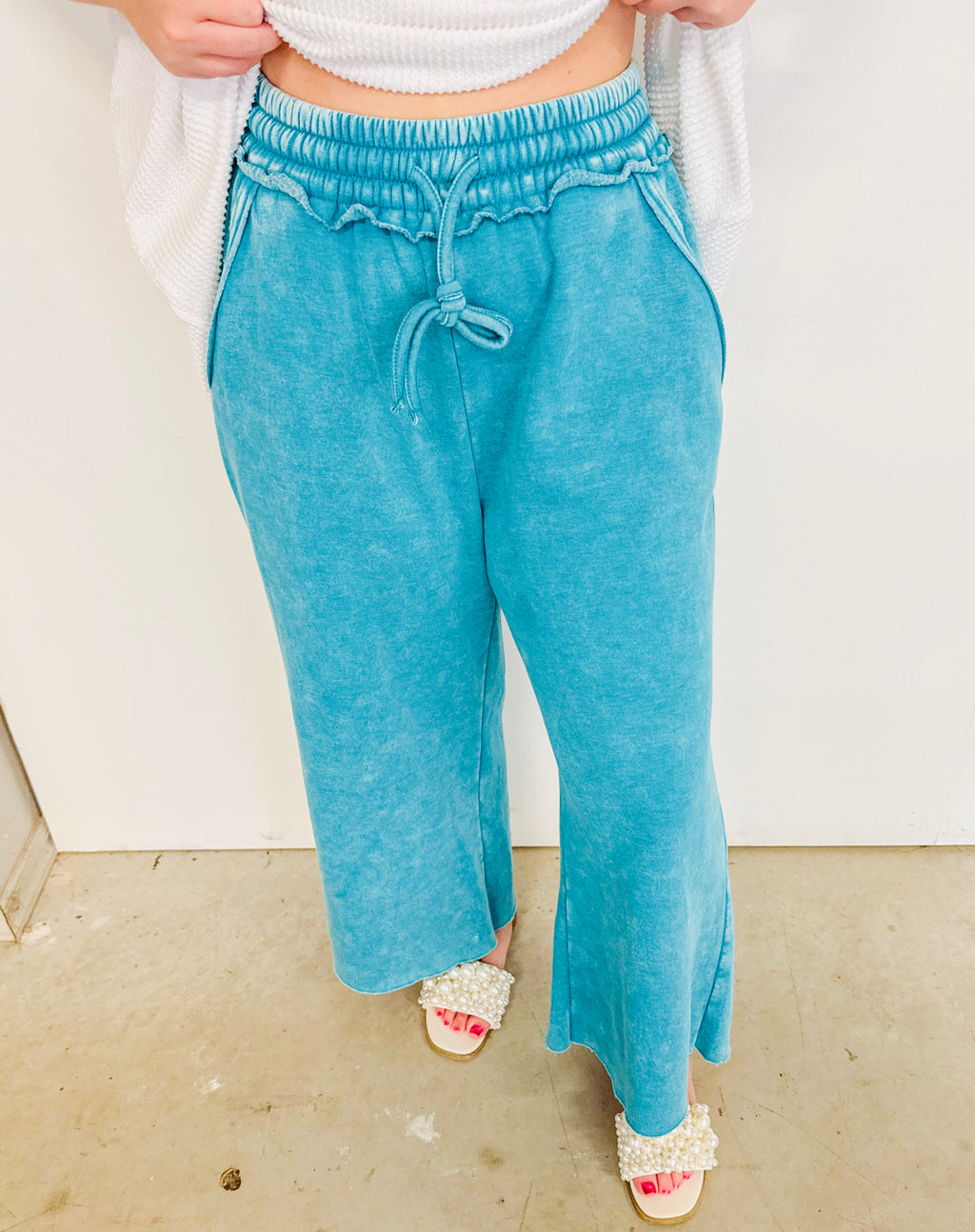 Acid Wash Fleece Sweatpants w/ Pockets- Teal