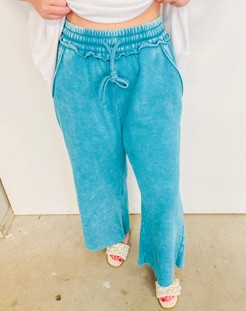 Acid Wash Fleece Sweatpants w/ Pockets- Teal