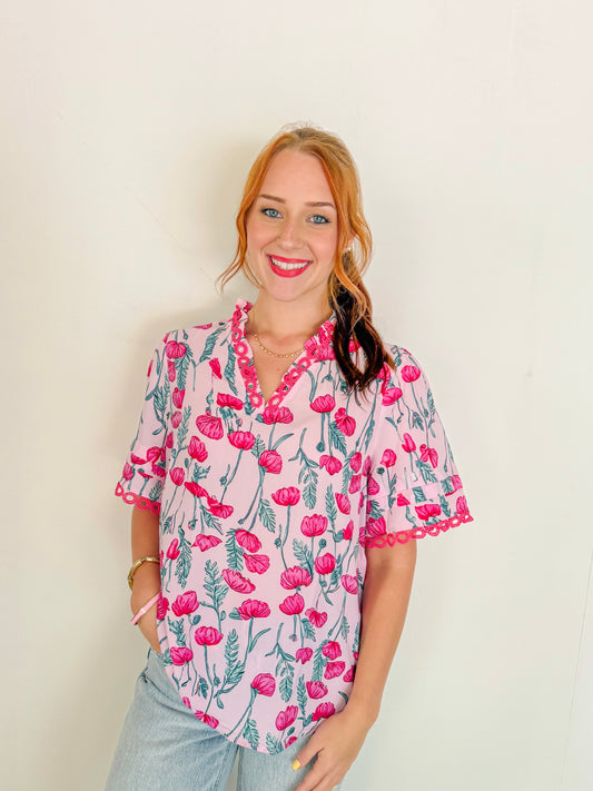 Floral Scallop V-Neck Top- Pink