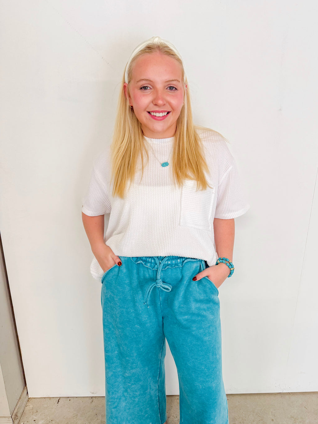 Acid Wash Fleece Sweatpants w/ Pockets- Teal