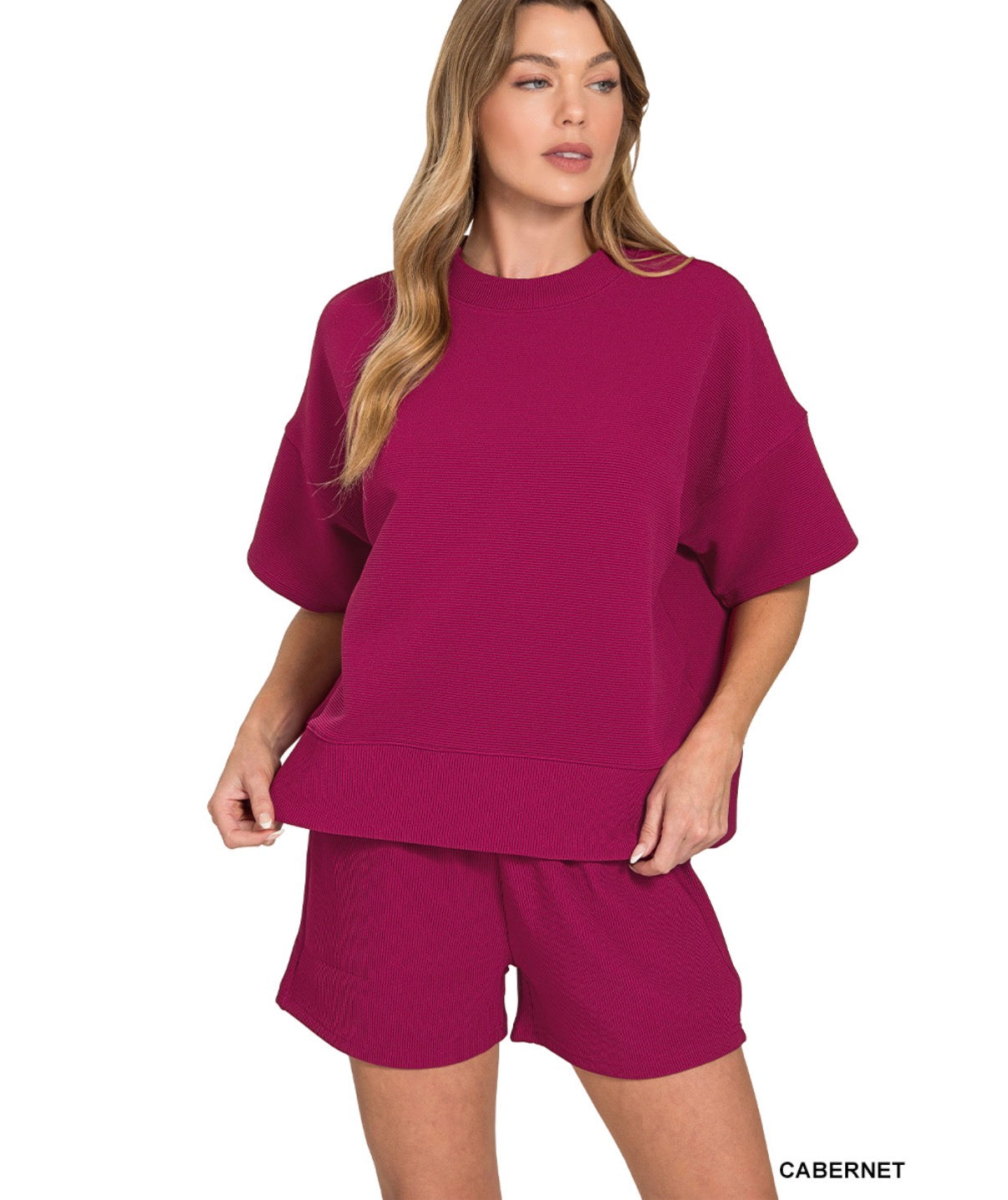 Ribbed Banded Tee & Short Set- Crimson