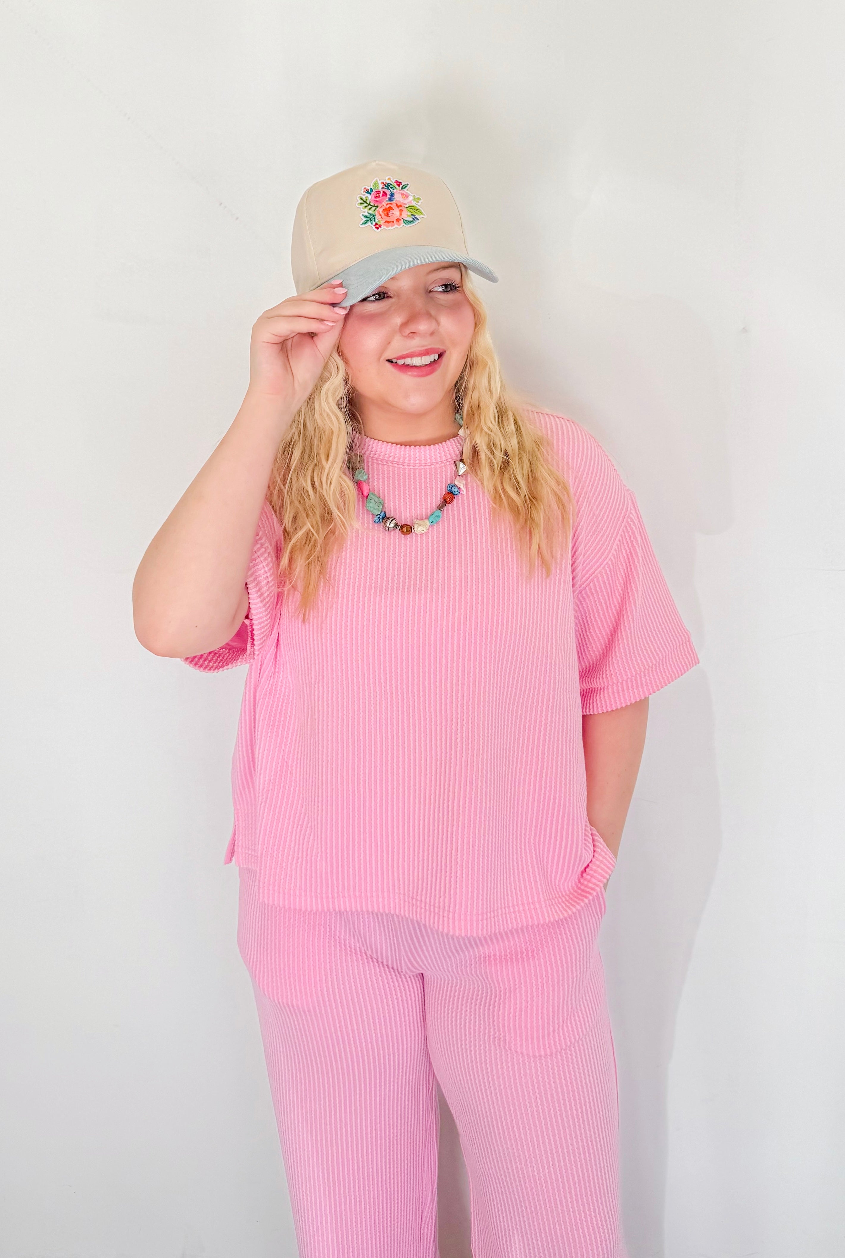 Ribbed Short Sleeve Tee & Pant Matching Set- Pink