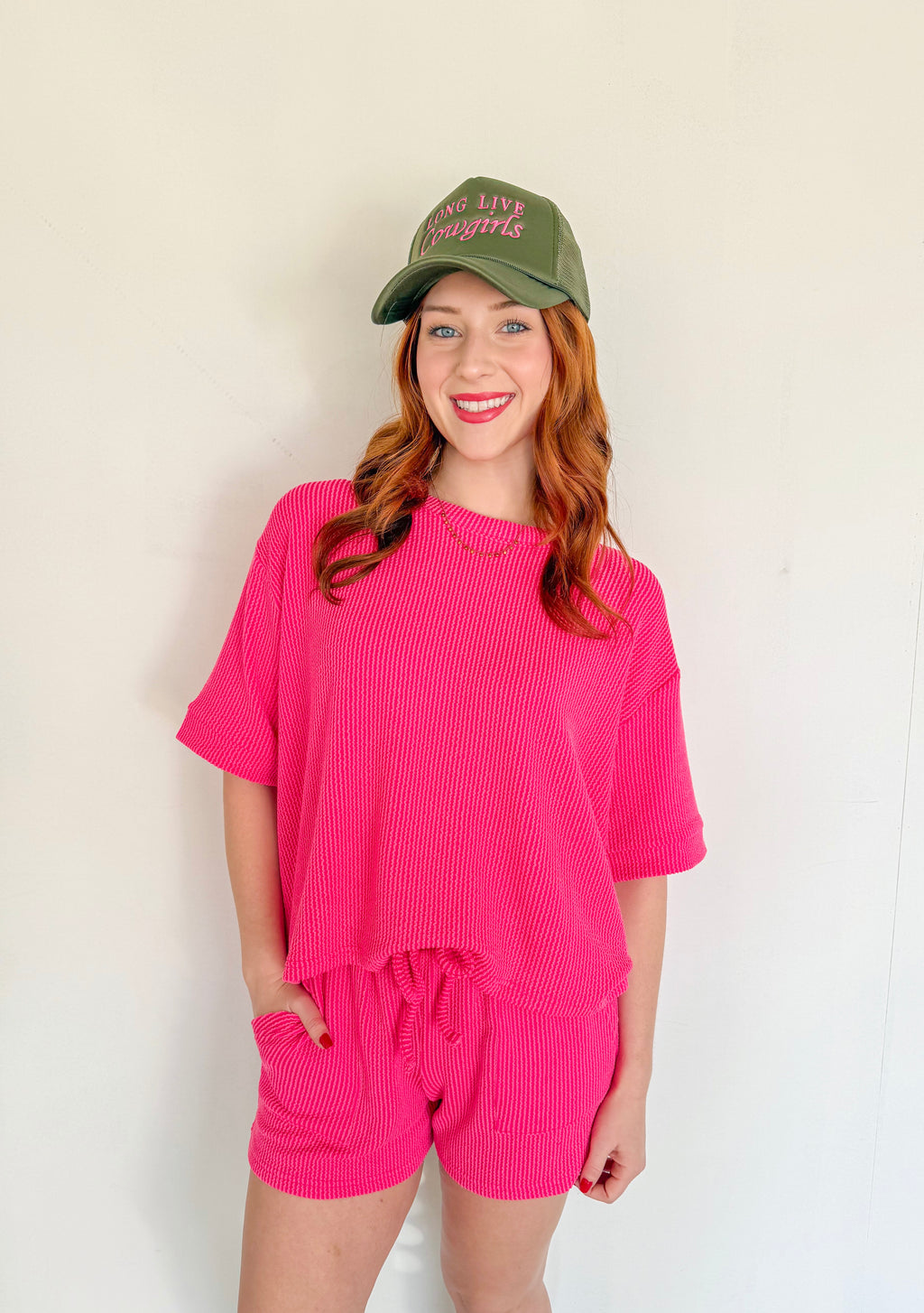 Ribbed Short Sleeve Tee and Short Sets- Hot Pink