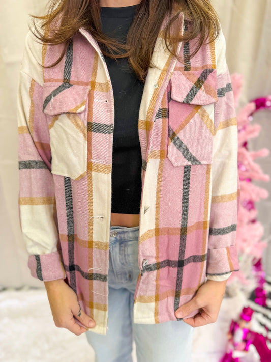 Pink plaid long sleeve button up shacket