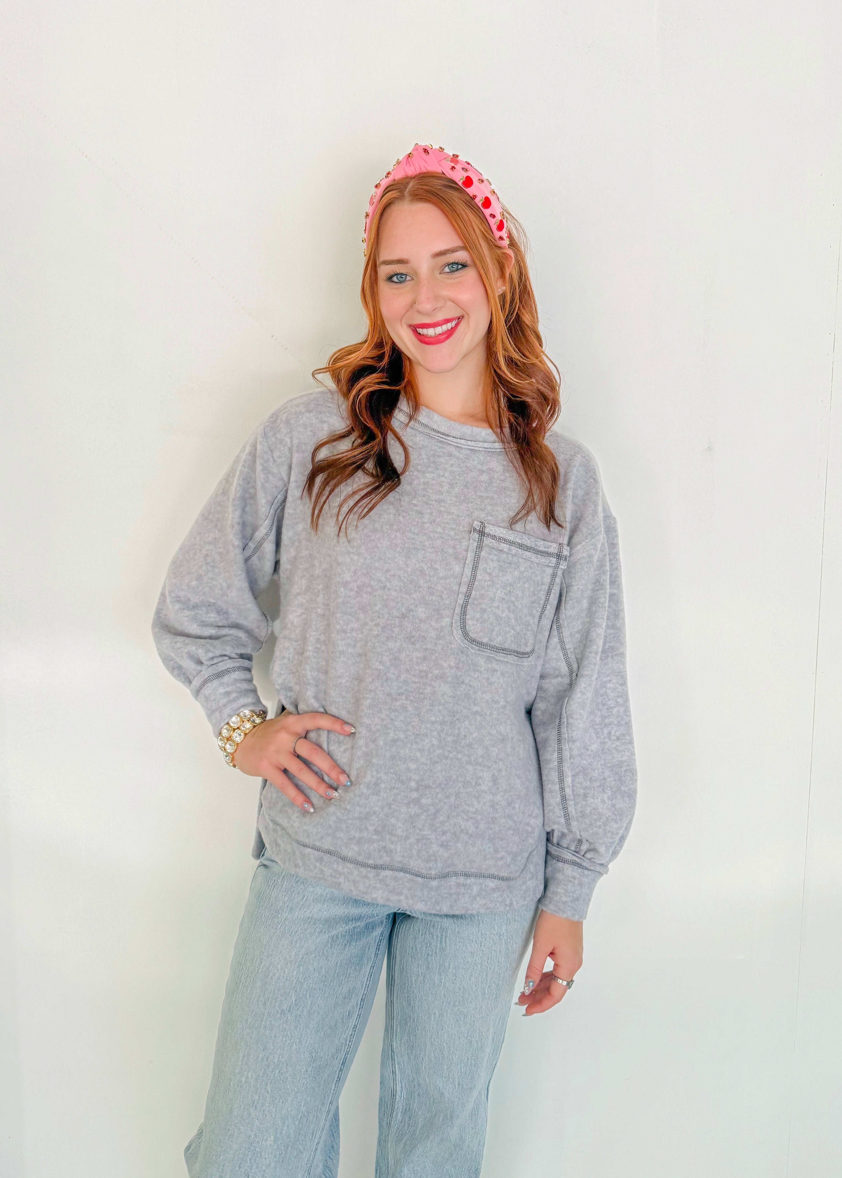 Soft Round Neck Fleece Long Sleeve- Grey