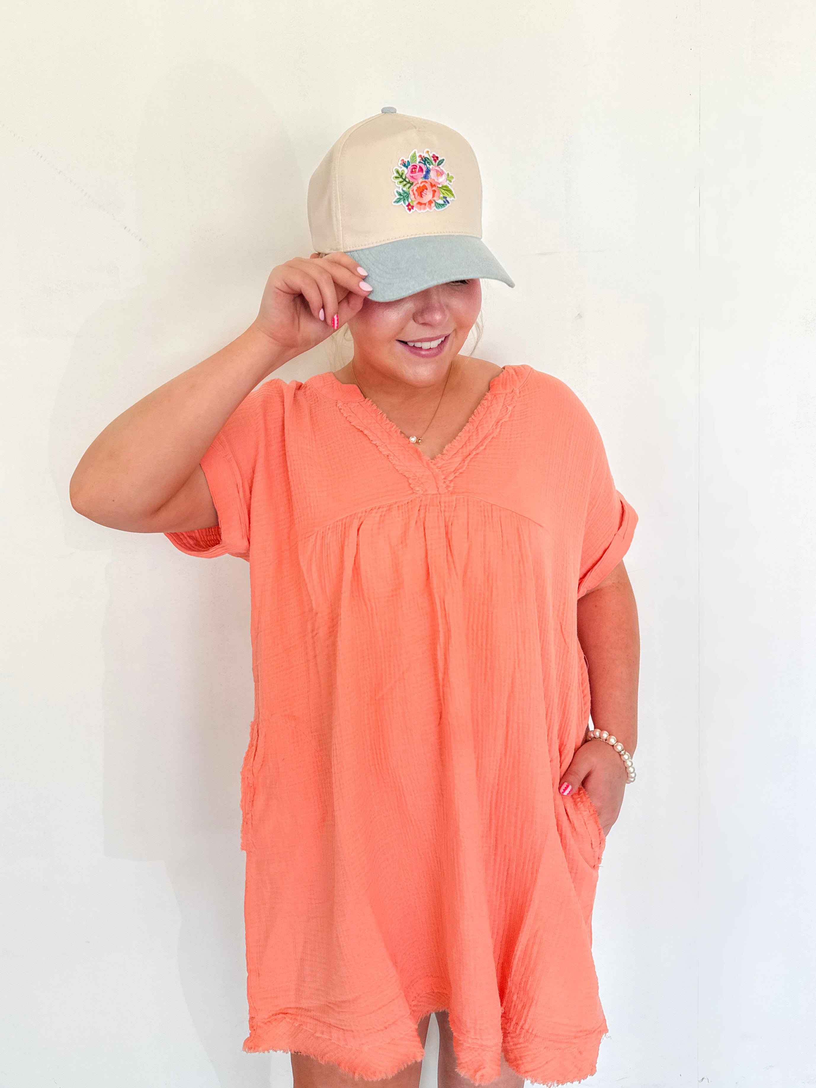 Raw Edge Gauze V-Neck Dress- Coral