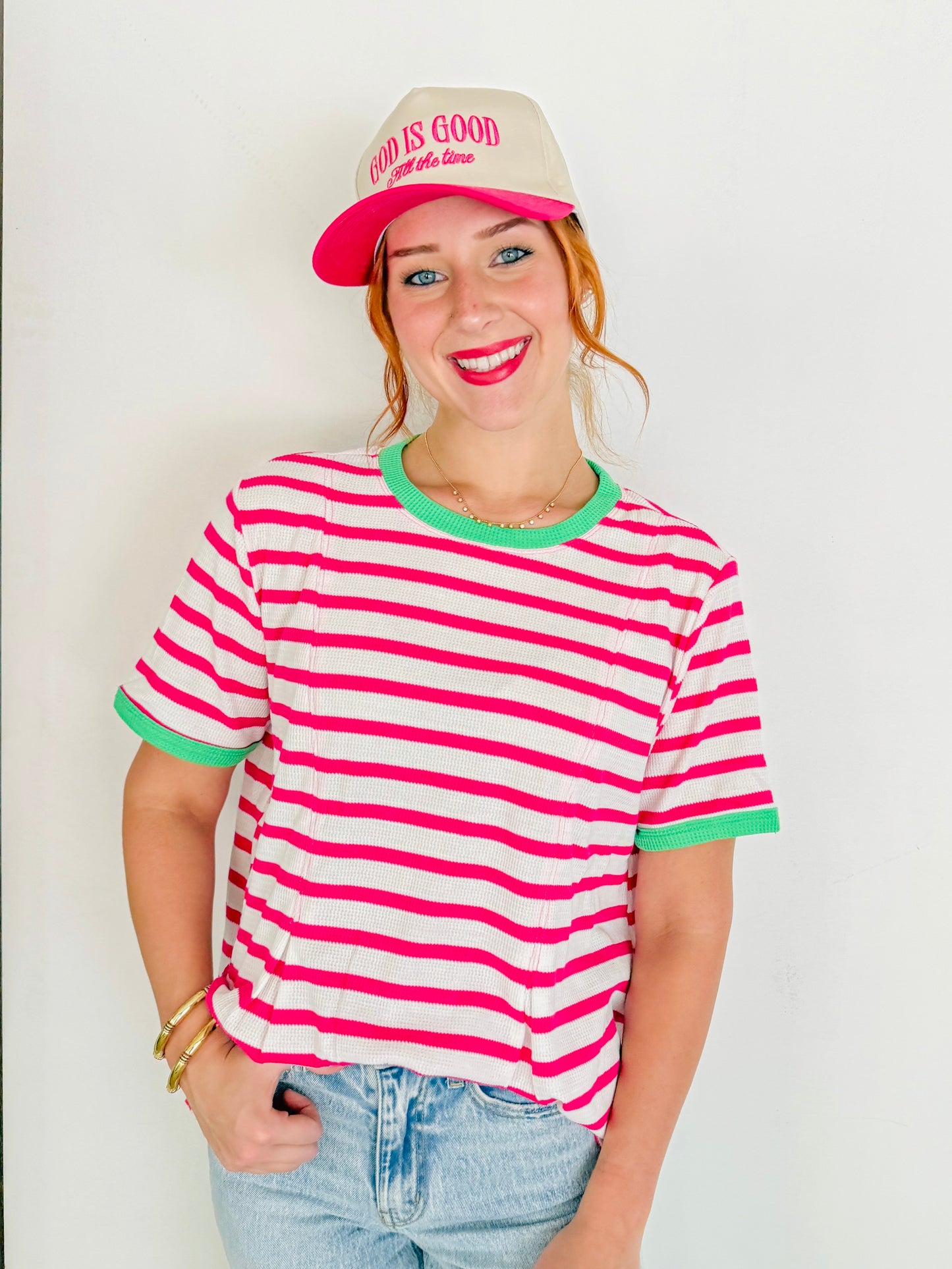 Waffle Knit Stripe Contrast Trim Top- Pink & Green