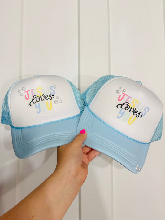 Jesus Loves You Pearl Trucker Hat w/ Hat Chain