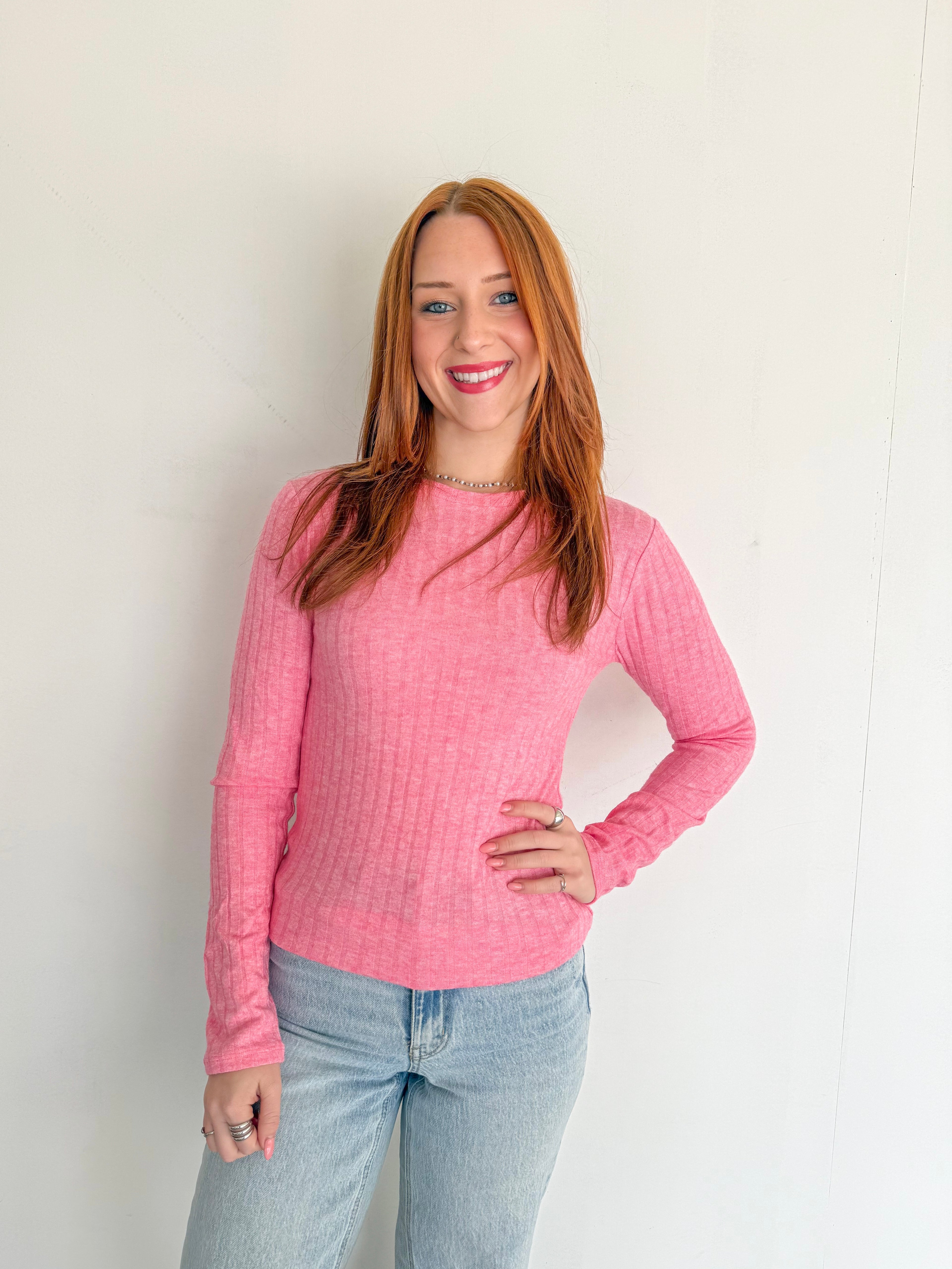 Soft Ribbed Long Sleeve Top- Fushia