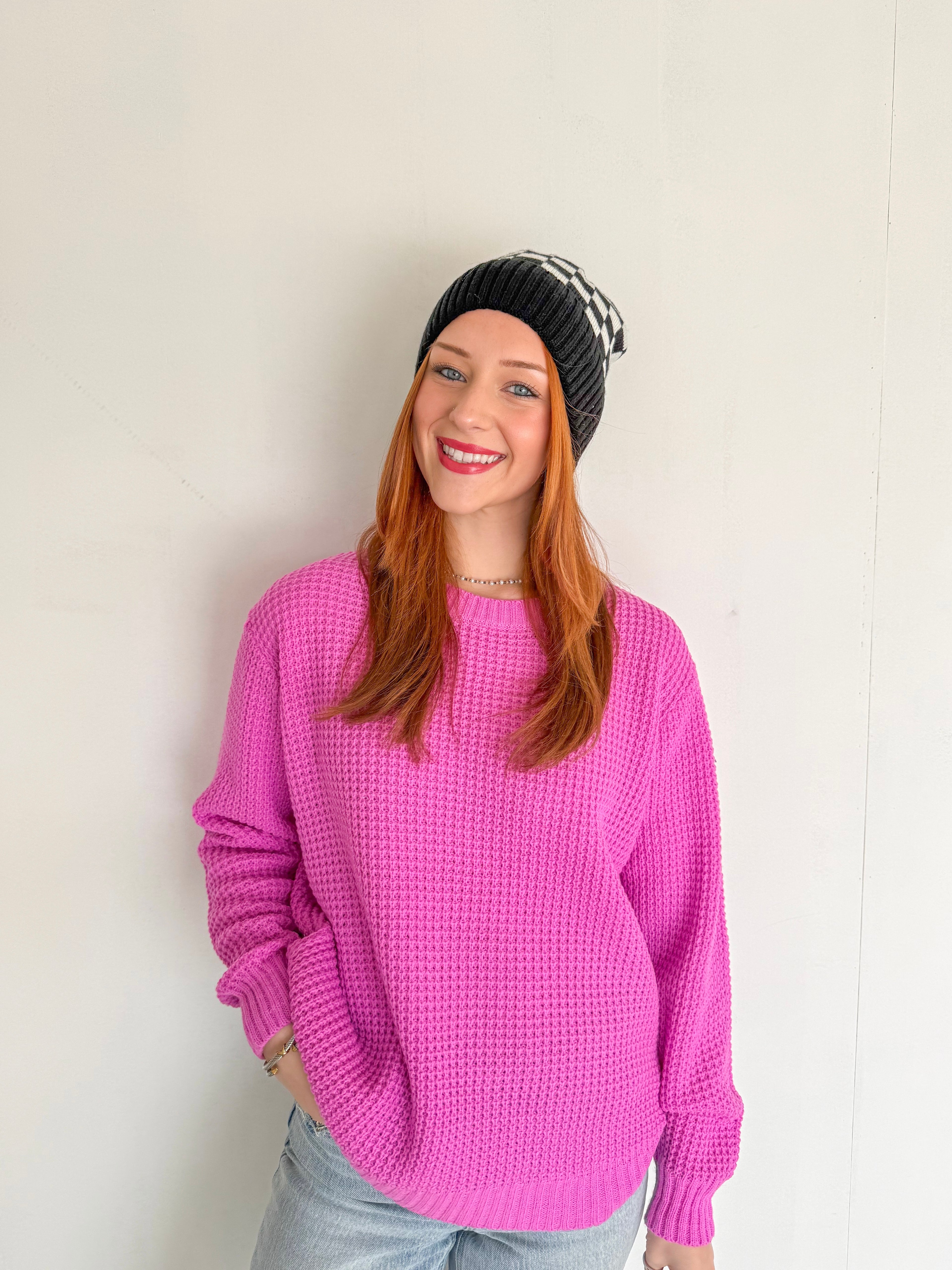 Oversized Round neck Waffle Sweater- Magenta