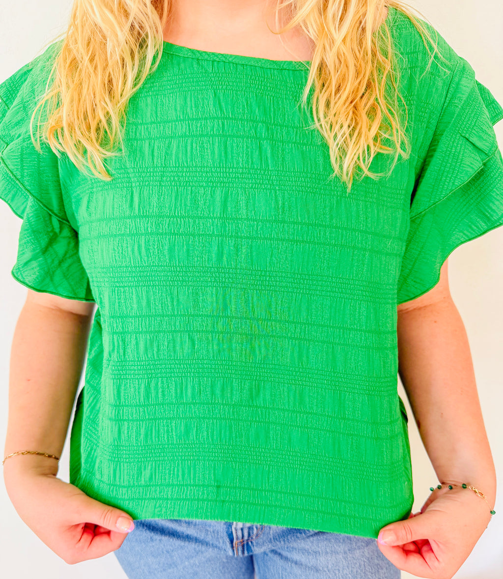 Textured Ruffled Sleeve Round Neck Top: Kelly Green