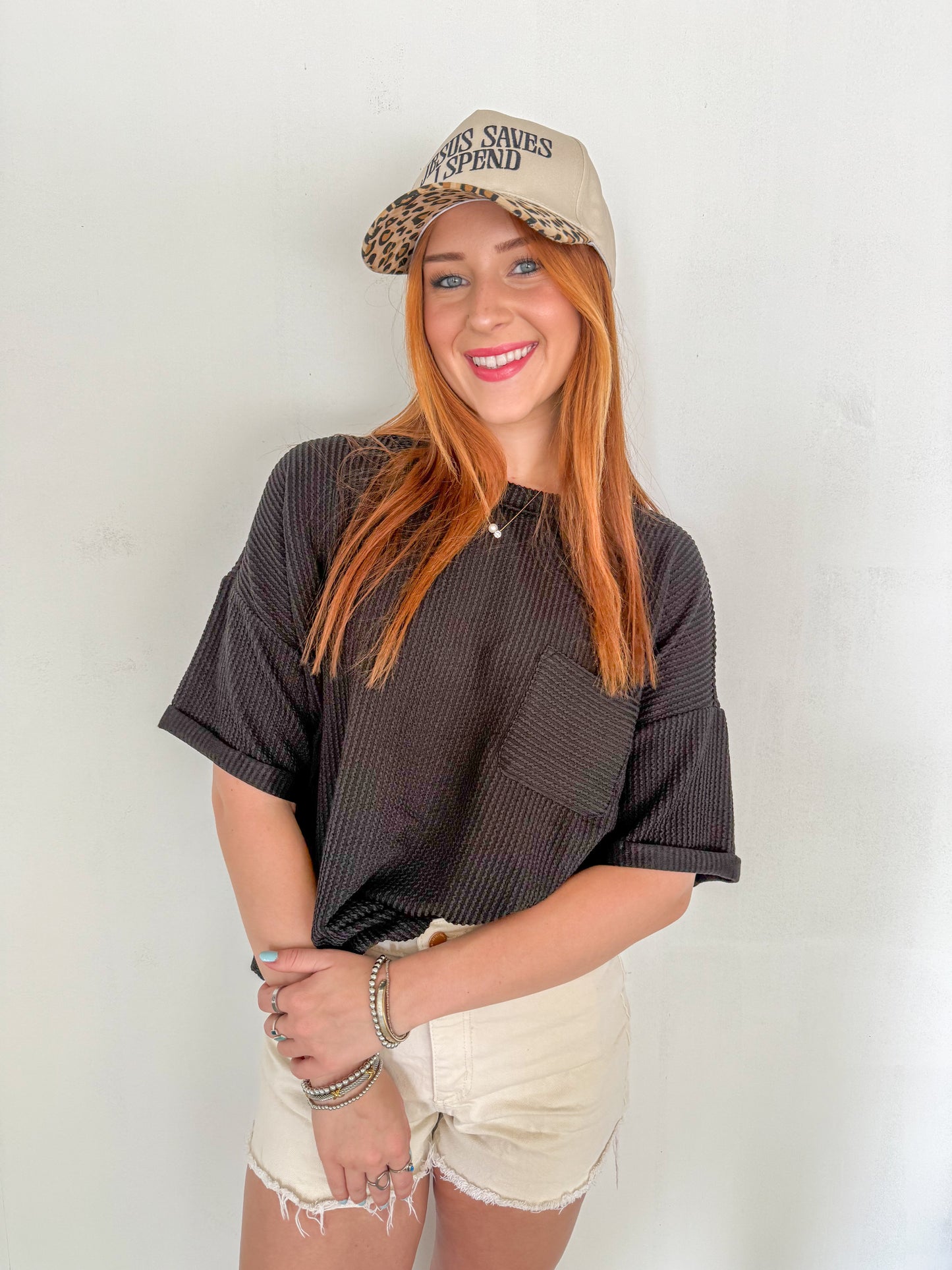 Ribbed Short Sleeve Top- Black