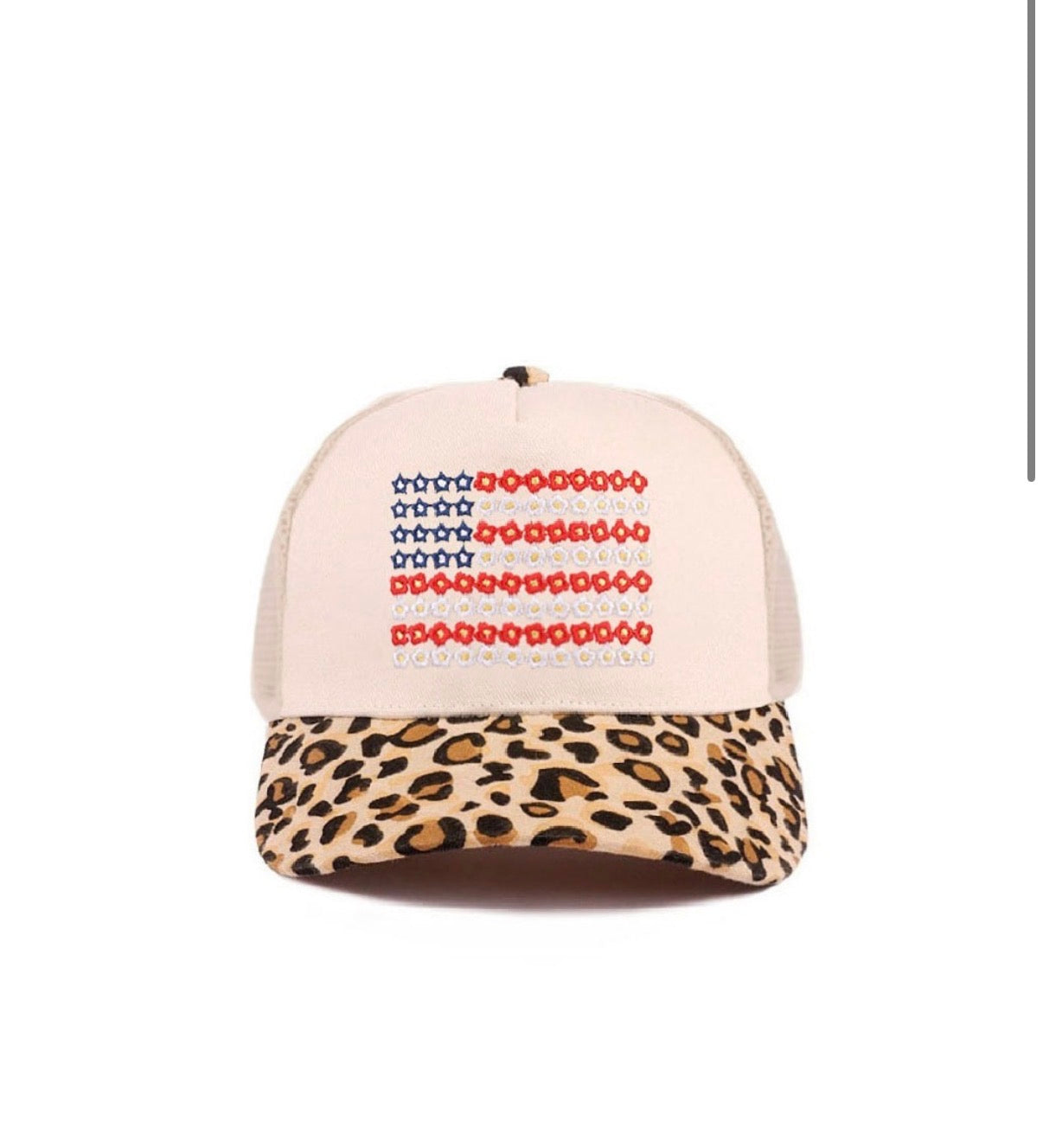 Floral American Flag Canvas Hat- Leopard