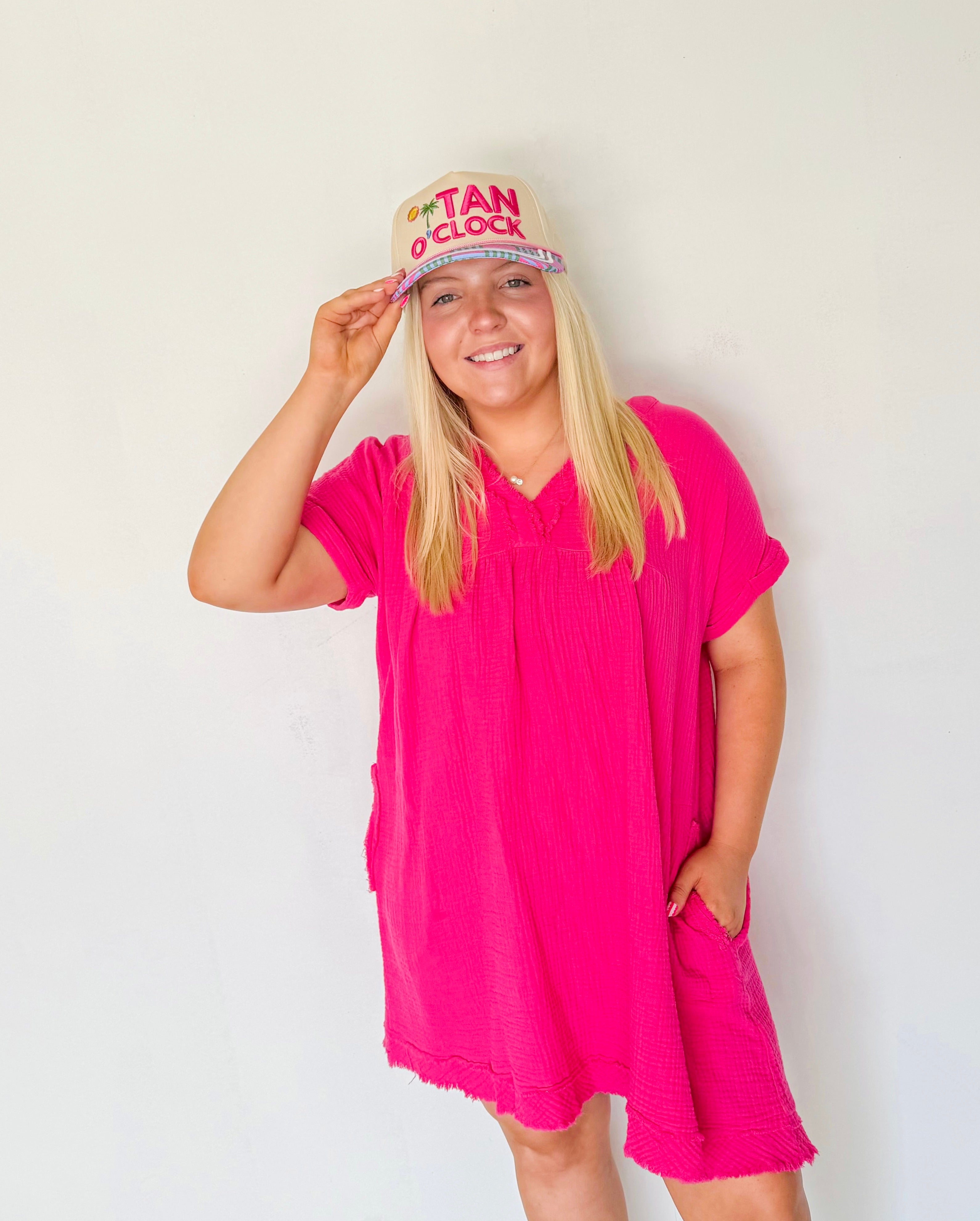 Raw Edge Gauze V-Neck Dress- Hot Pink